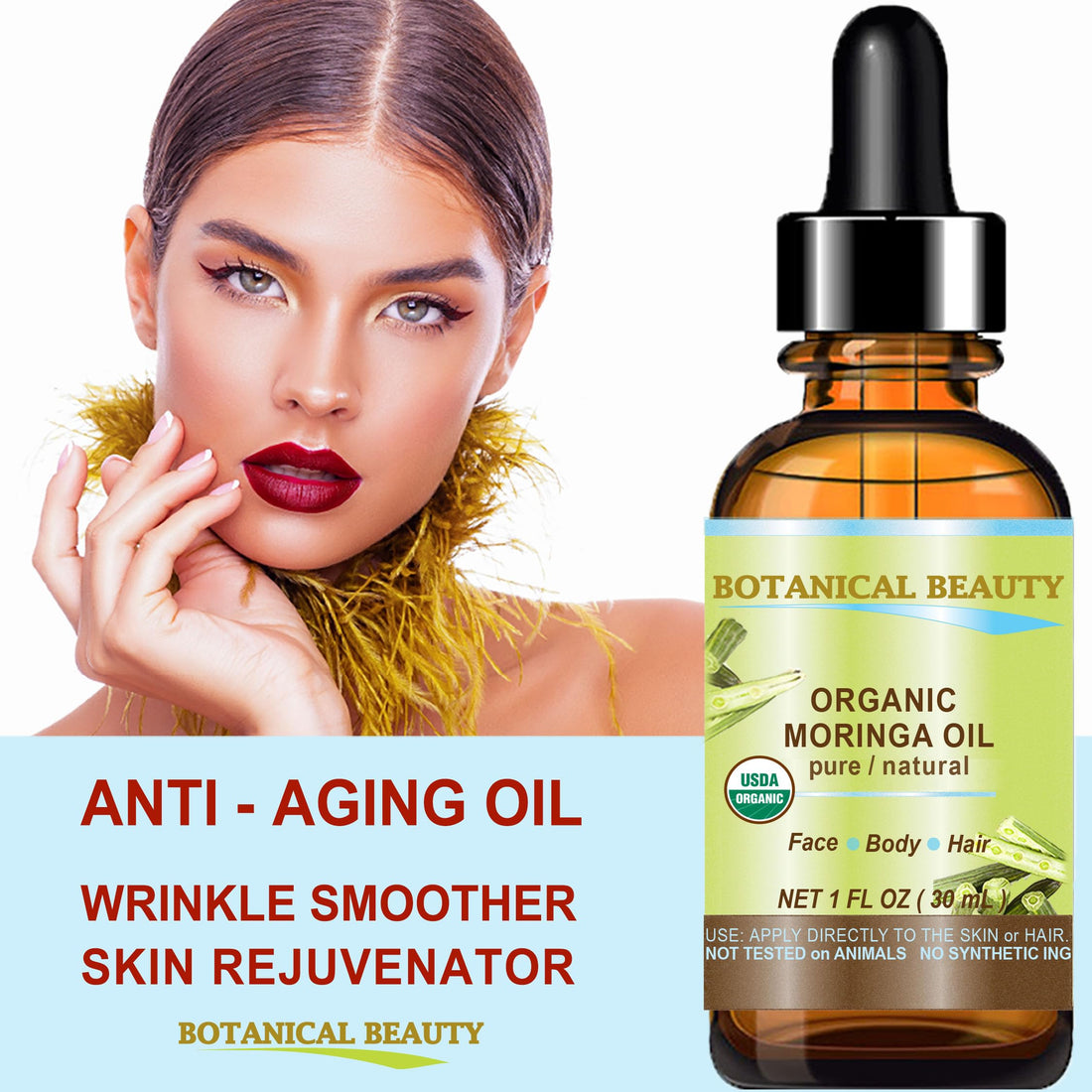Botanical Beauty Organic Moringa Oil 100% Pure Natural Undiluted 1 Fl.oz.- 30 ml. for Face Skin, Hair, Lips, Body, Nails Rich in Vitamin C, Vitamin E