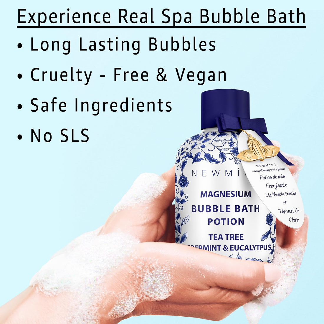 Magnesium Bubble Bath Long Lasting Foam for Sore Muscles Recovery Tea Tree Peppermint Eucalyptus Relaxing Stress Relief Calming Self Care Spa Gift
