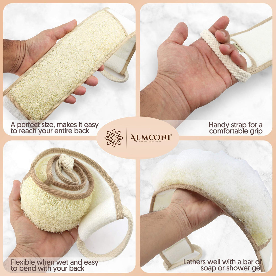 Almooni Natural Egyptian Loofah Back Scrubbers for Use in Shower, Exfoliating Natural Loofah Back Scrubber for Shower for Men and Women to Clean Your Back Deeply - 1 Count (1 Pack)