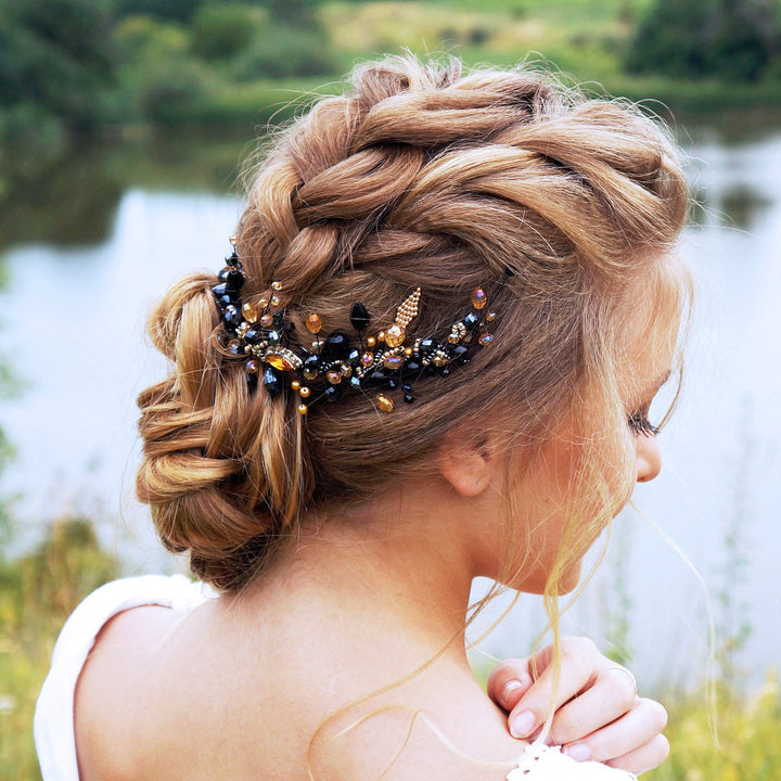 Kercisbeauty Kercisbeauty Wedding Bridal Black and Champagne Crystal Beads Long Chain Hair Comb Headband Headpiece for Prom