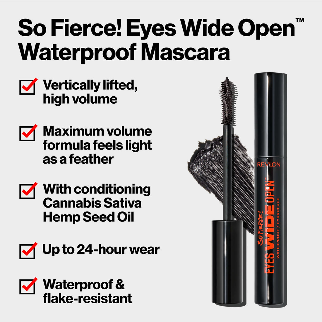 Revlon So Fierce Eyes Wide Open Mascara with Push-up Brush, For Volumizing & High Lifting Eyelashes, Smudge-proof, Flake Resistant, 104 Waterproof Black, 0.24 fl oz