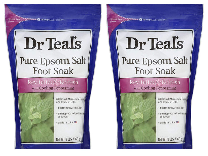 Dr. Teal's Pure Epsom Salt Foot Soak Solution Gift Set (2 Pack, 2lbs ea.) - Revitalize & Refresh with Cooling Peppermint - Essential Oils & Baking Soda Ease Aches & Pains and Eliminate & Prevent Odor