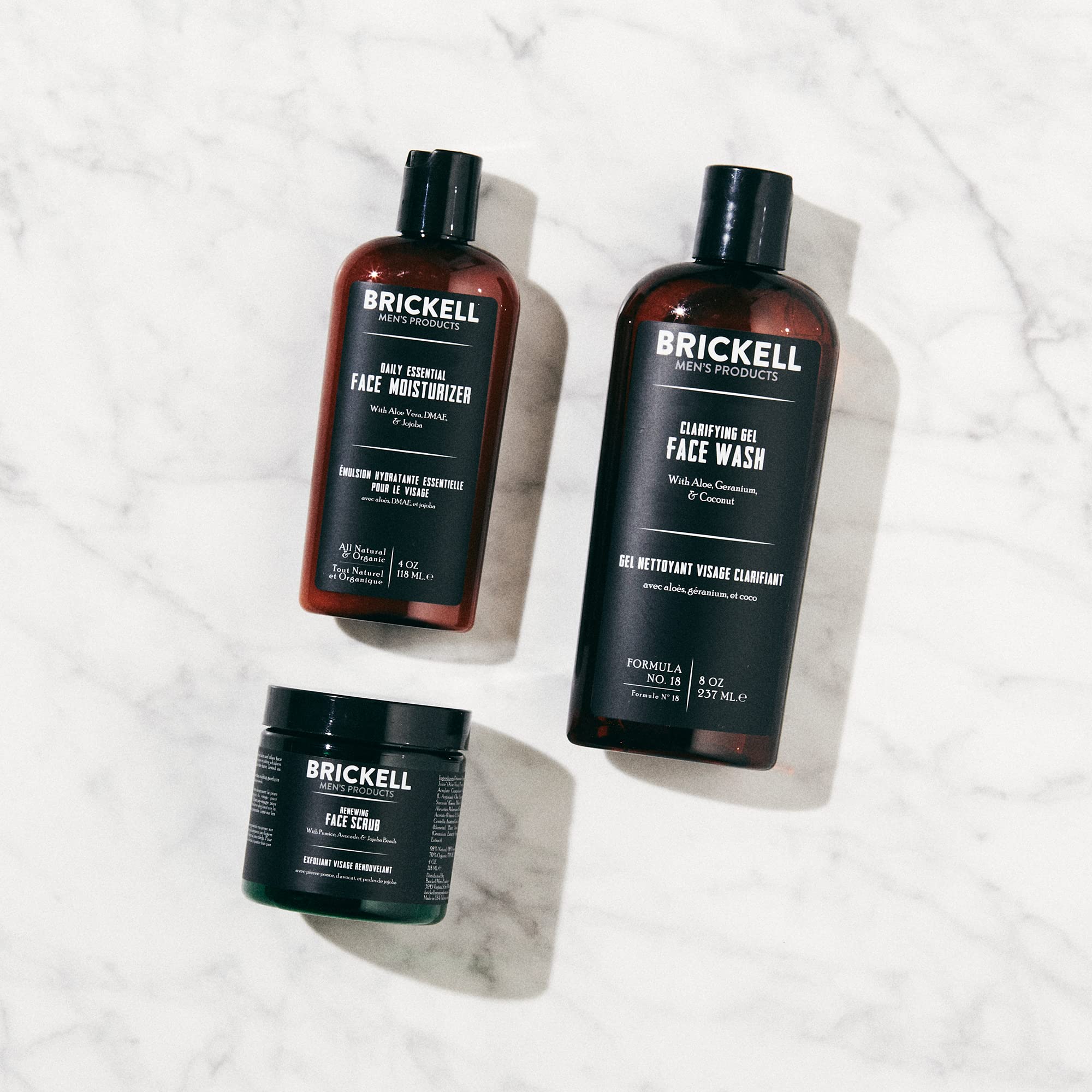 Brickell Men& Daily Advanced Face Care Routine I - Gel Facial Cleanser Wash + Face Scrub + Face Moisturizer Lotion - Natural Organic