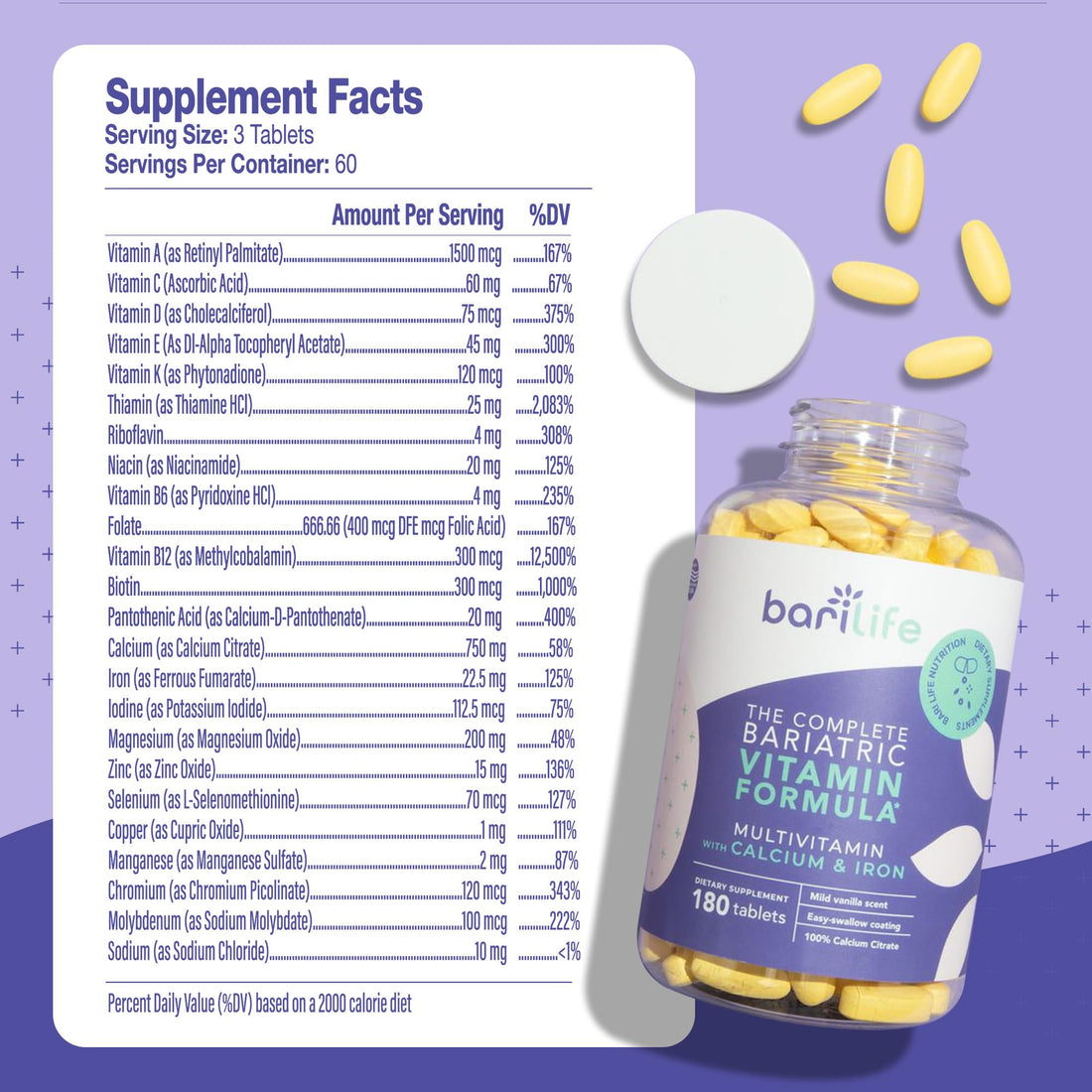 Bari Life Complete Bariatric Multivitamin Non-chewable Tablet w/Calcium Citrate and Iron - 180 Tablets/Bottle