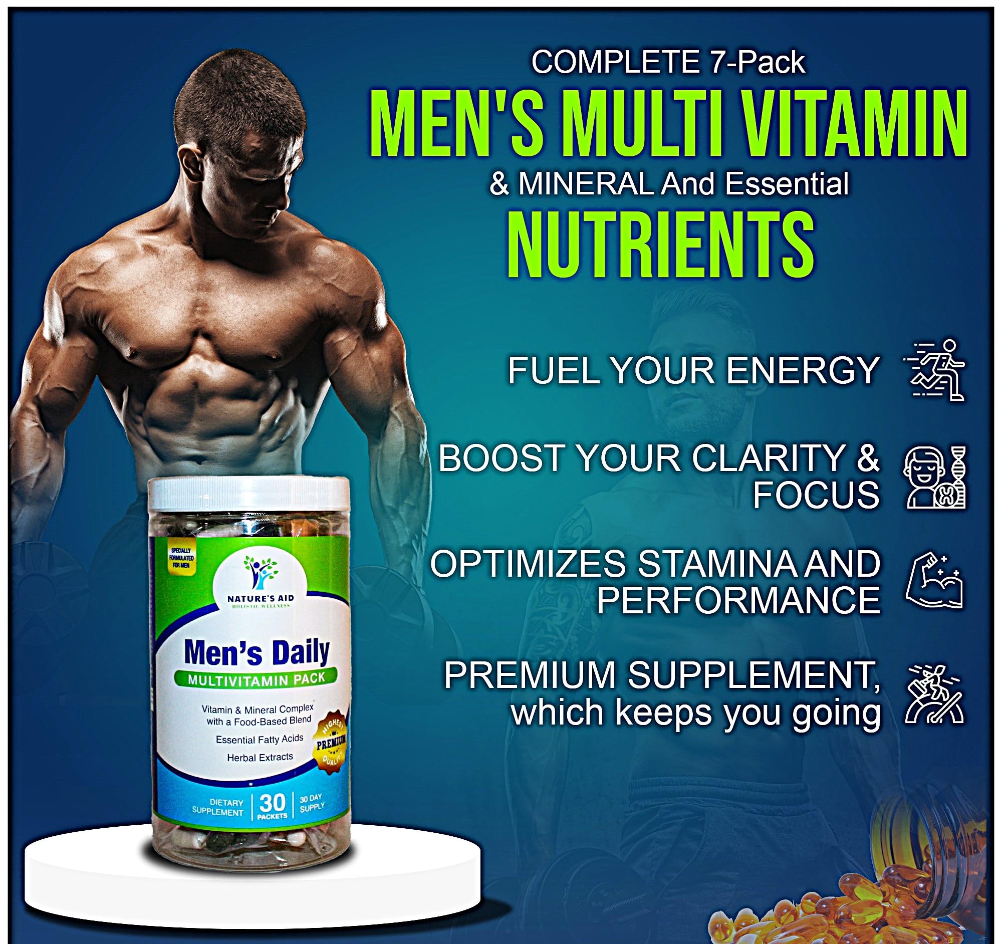 Nature's Aid Holistic Wellness Men's 7 Daily Multivitamins for Energy, Focus & Performance. Vitamin & Mineral Complex with a Food-Based Blend & Herbal Extracts.