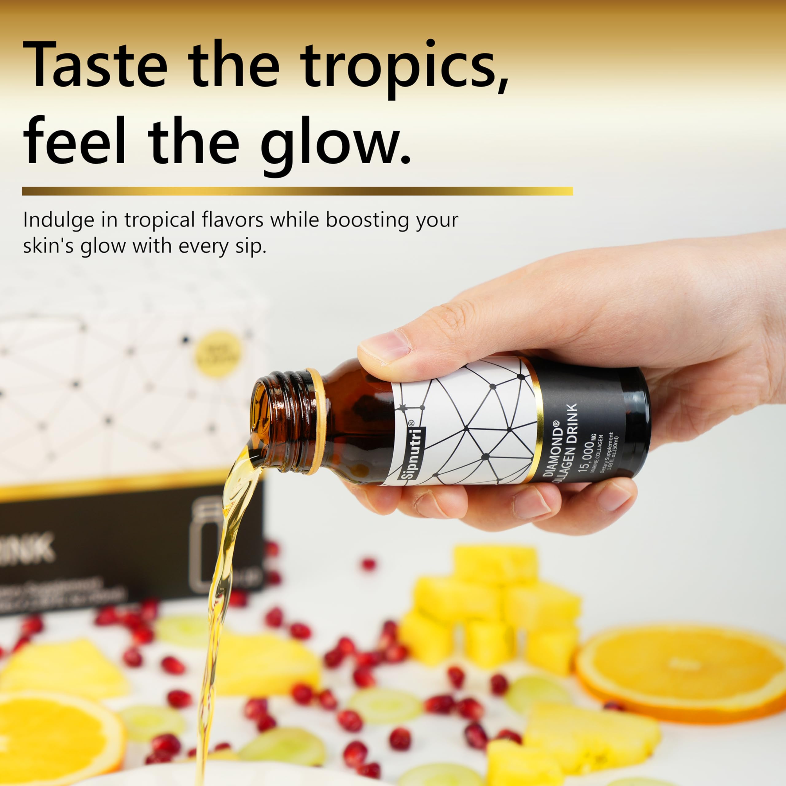 Sipnutri Diamond Liquid Collagen Drink, 15000 mg Hydrolyzed Marine Collagen Peptides with Vitamin C, Pomegranate, Healthy Hair Skin Nails Joints Bones Support, 50 ml x 10 Bottles (3 Boxes)