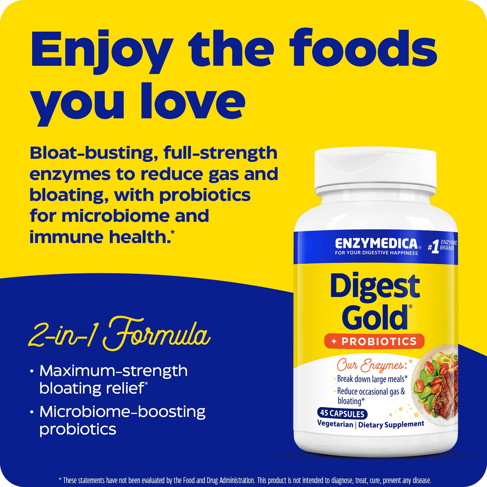 Enzymedica Digest Gold + Probiotics, 2-in-1 Formula for Gut Health, Digestive Enzymes & 1.5 Billion Active Probiotic Cultures, 45 Count (FFP)