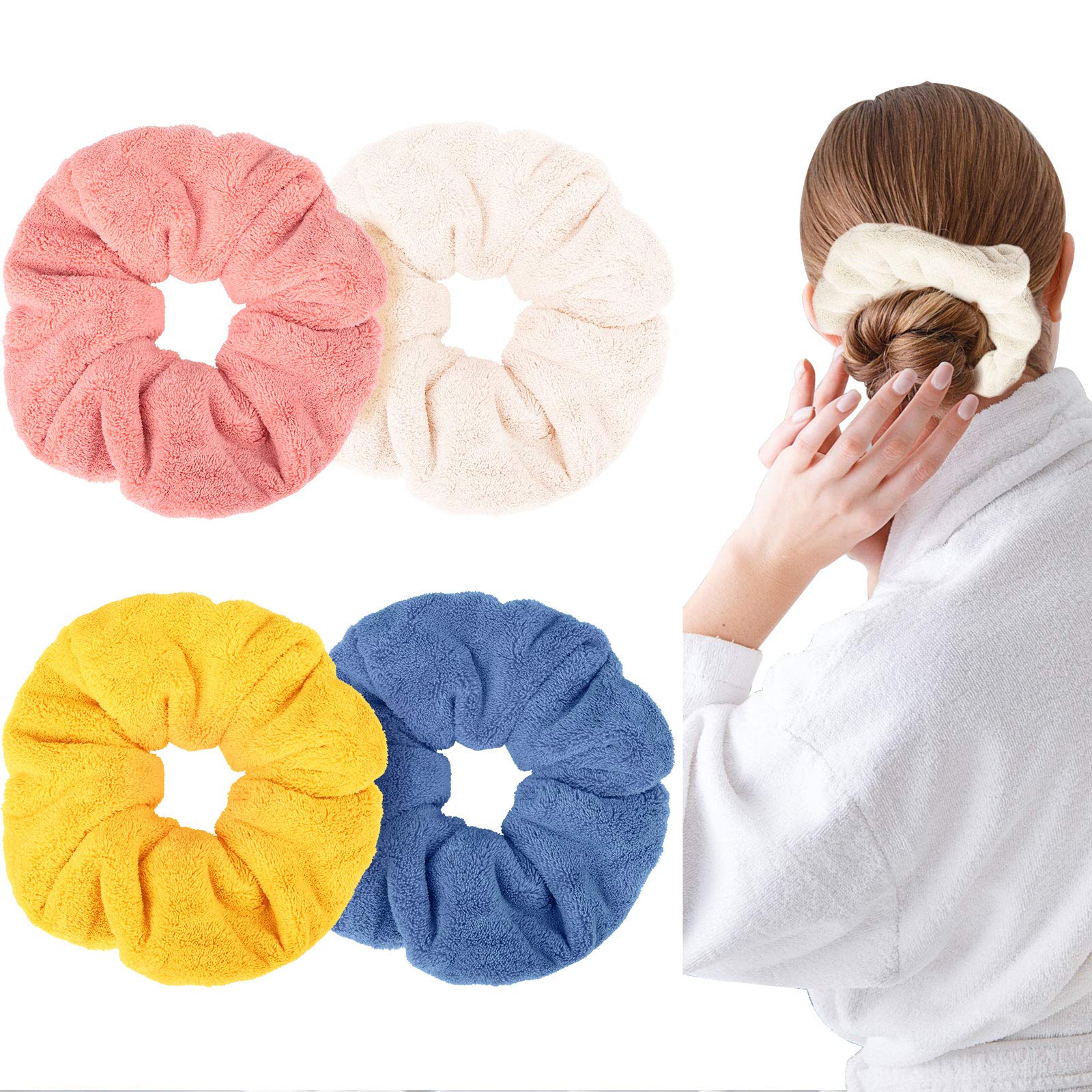 4 Pieces Large Drying Scrunchies Microfiber Towel Hair Scrunchies Thick Soft Hair Scrunchies Fuzzy Scrunchy Ponytail Holder for Hair Light Bobbles Ropes Wet and Dry Hair Accessories (Classic Colors)