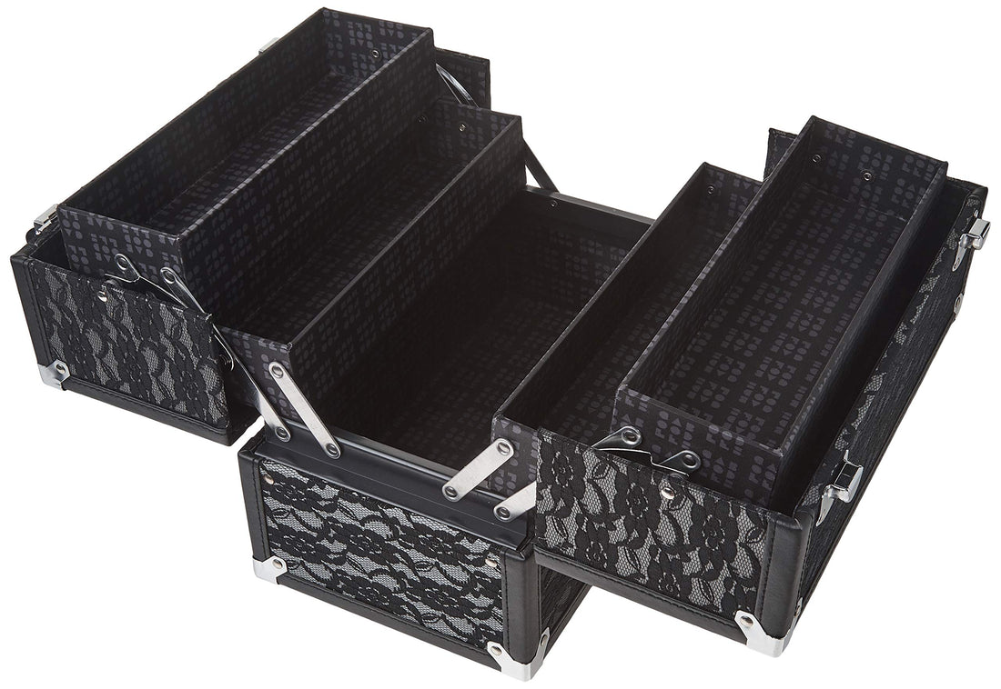 Caboodles Make Me Over 4 Tray Train Case, Cosmetic Storage Case & Organizer, Black Lace, 3.5 Lb