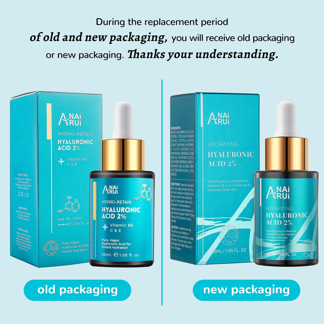 ANAI RUI Hyaluronic Acid Serum for Skin 2% with Vitamin B5, C& E - Intense Hydration + Moisturizer, Plumps & Increase Firmness, Non-greasy, Paraben-free - 1. Fl Oz