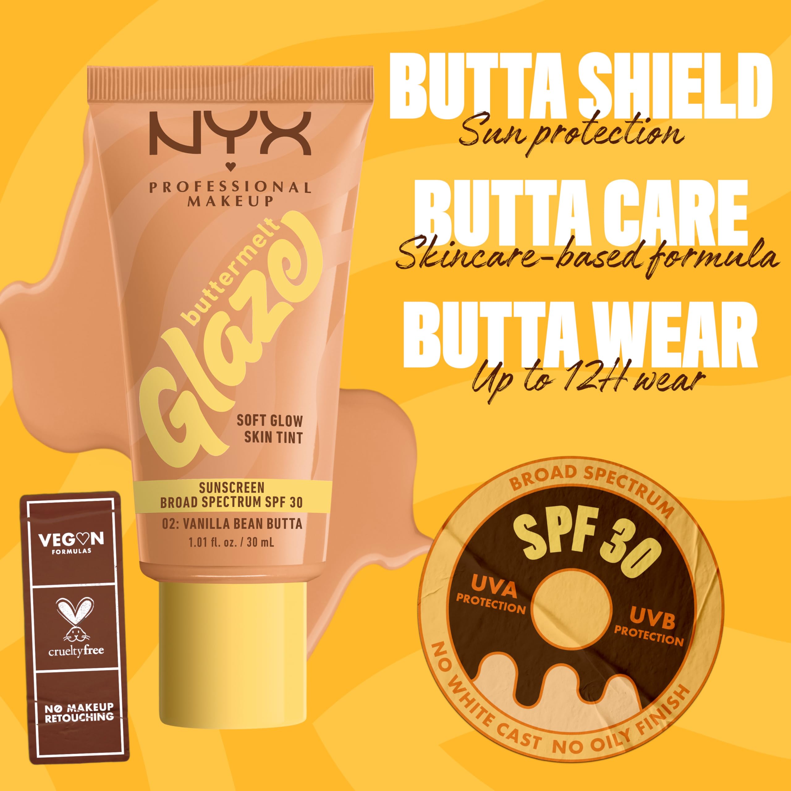 NYX PROFESSIONAL MAKEUP Buttermelt Glaze Soft Glow Skin Tint + SPF 30, Up To 12HR Wear, 02 Vanilla Bean Butta