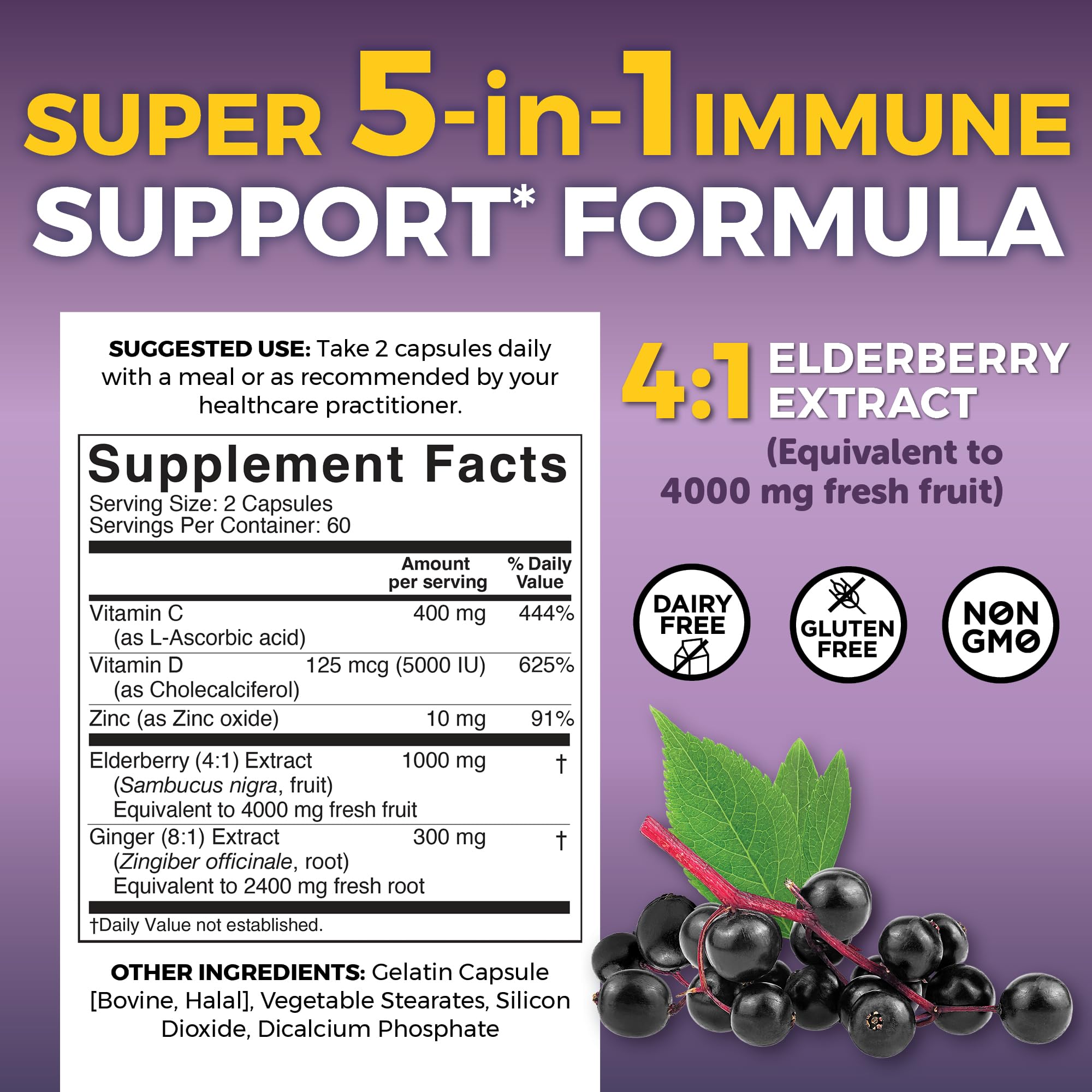 Viva Naturals Elderberry with Vitamin C and Zinc for Adults - 5 in 1 Sambucus Black Elderberry Capsules with Vitamin D3 5000 IU Immunity Supplement, Sambucus Elderberry Immune Support Supplement