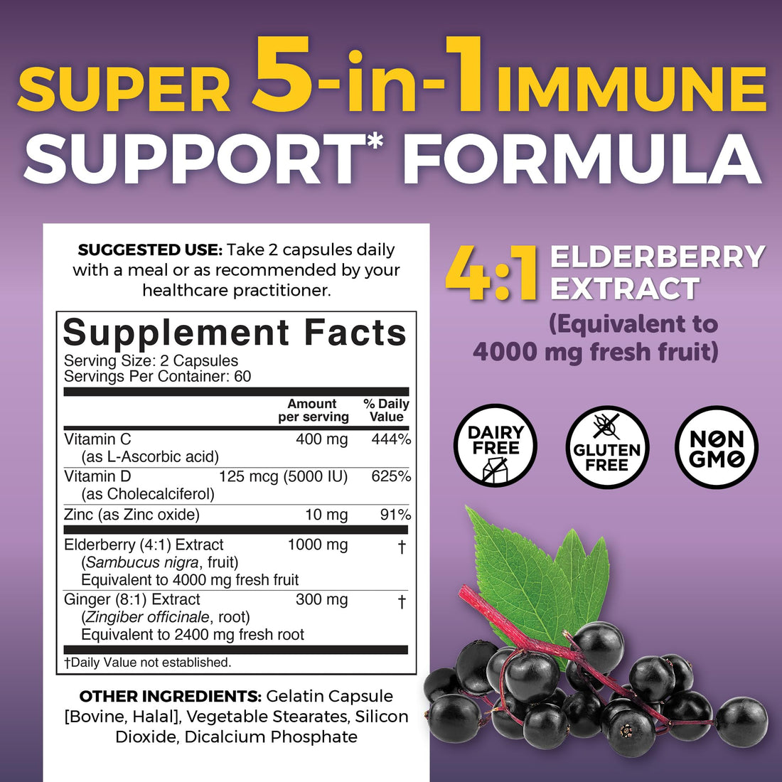 Viva Naturals Elderberry with Vitamin C and Zinc for Adults - 5 in 1 Sambucus Black Elderberry Capsules with Vitamin D3 5000 IU Immunity Supplement, Sambucus Elderberry Immune Support Supplement