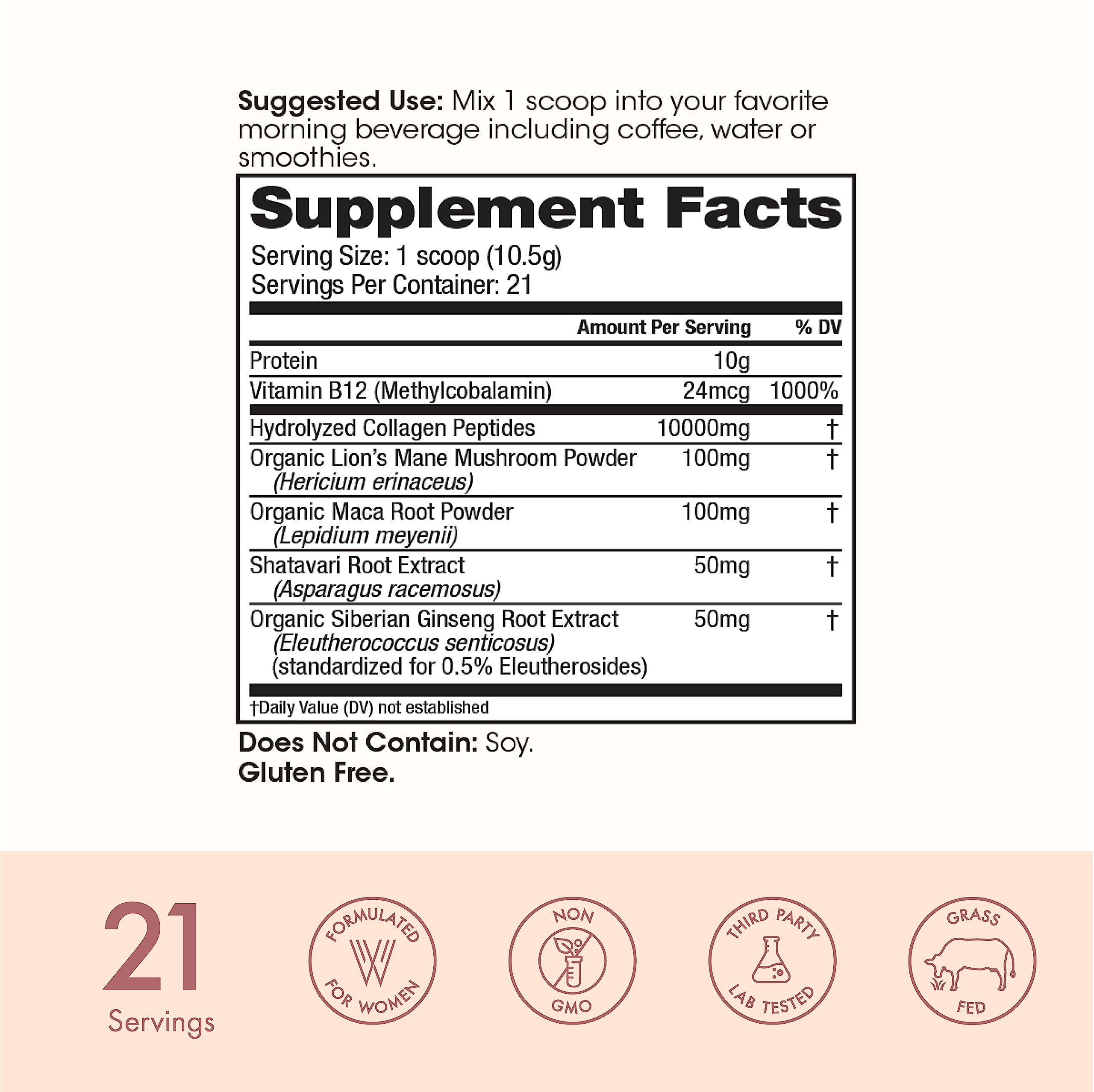 Winged Wellness Glow Up AM Collagen Peptide Powder | Morning Skin and Adaptogens for Glowing Skin and Energy. Grass Fed Collagen w/Lion’s Mane, Maca and Vitamin B12 I Unflavored, 21 Servings