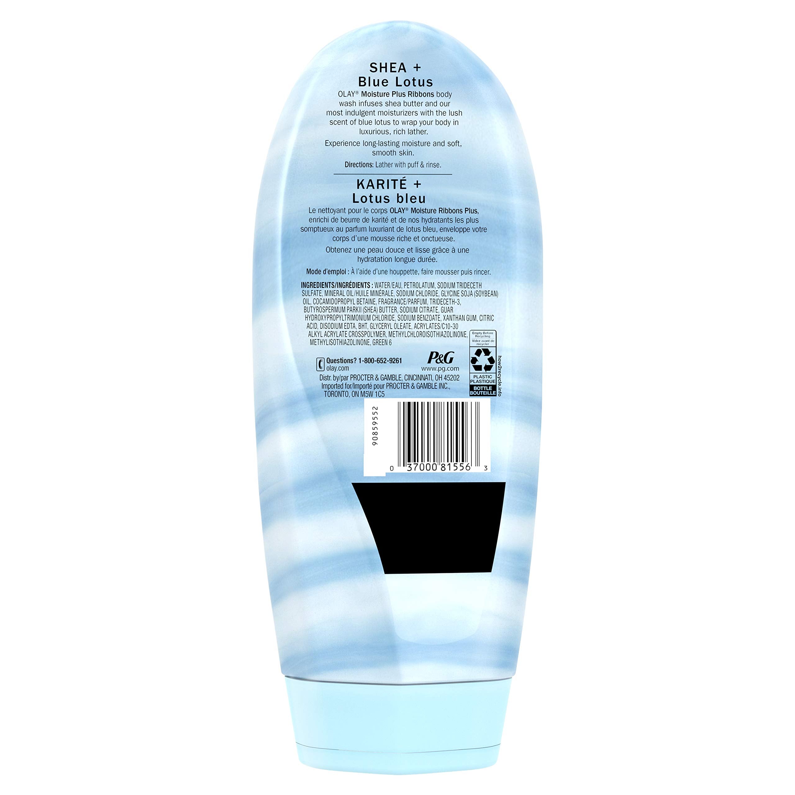 Olay Moisture Ribbons Plus Shea + Notes of Blue Lotus Body Wash, 18 Fl Oz, Pack of 4