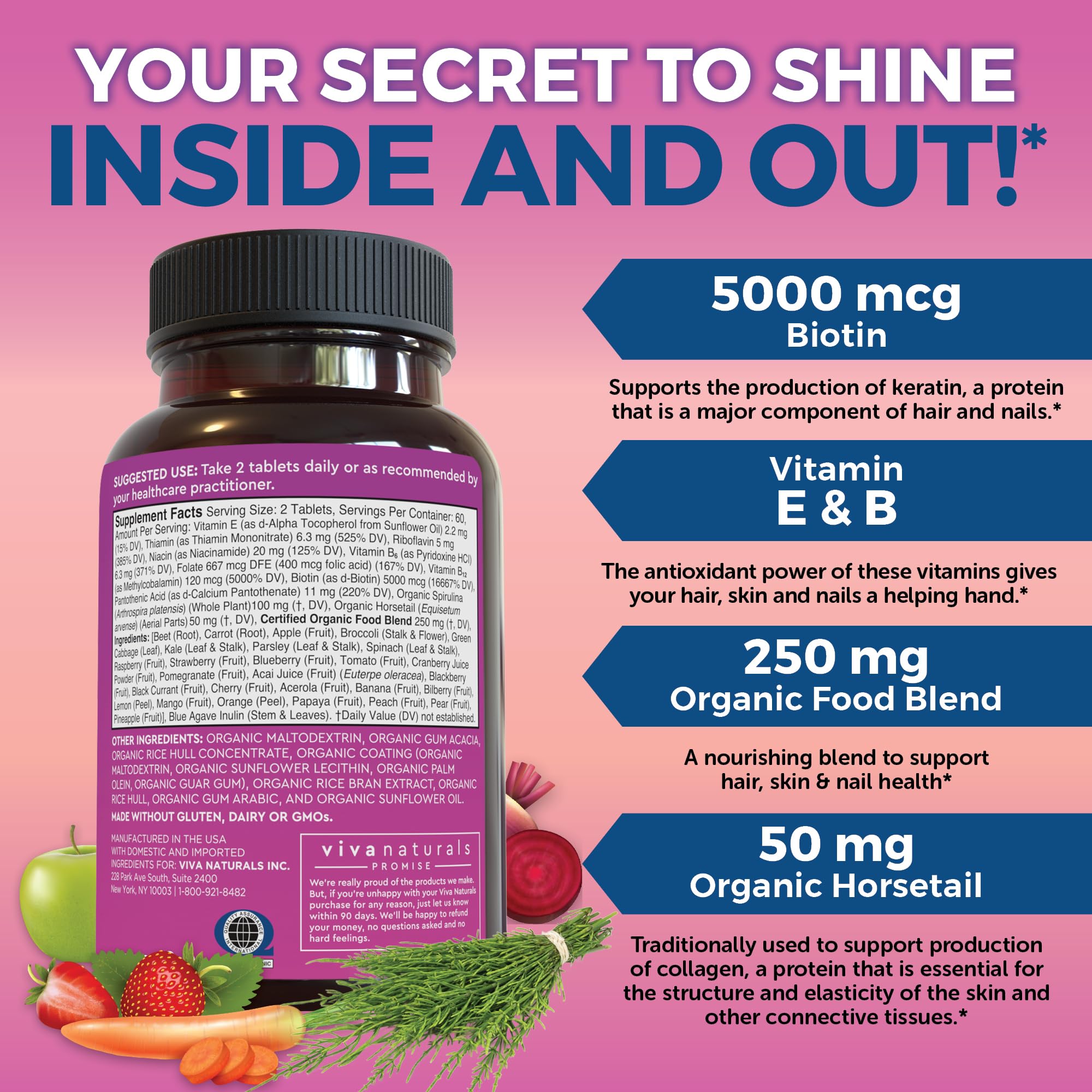 Organic Hair Skin and Nails Vitamins for Women with Biotin 5000mcg and Vitamin E, Vegetarian-Friendly Supplements That Help Produce Keratin -120 Count
