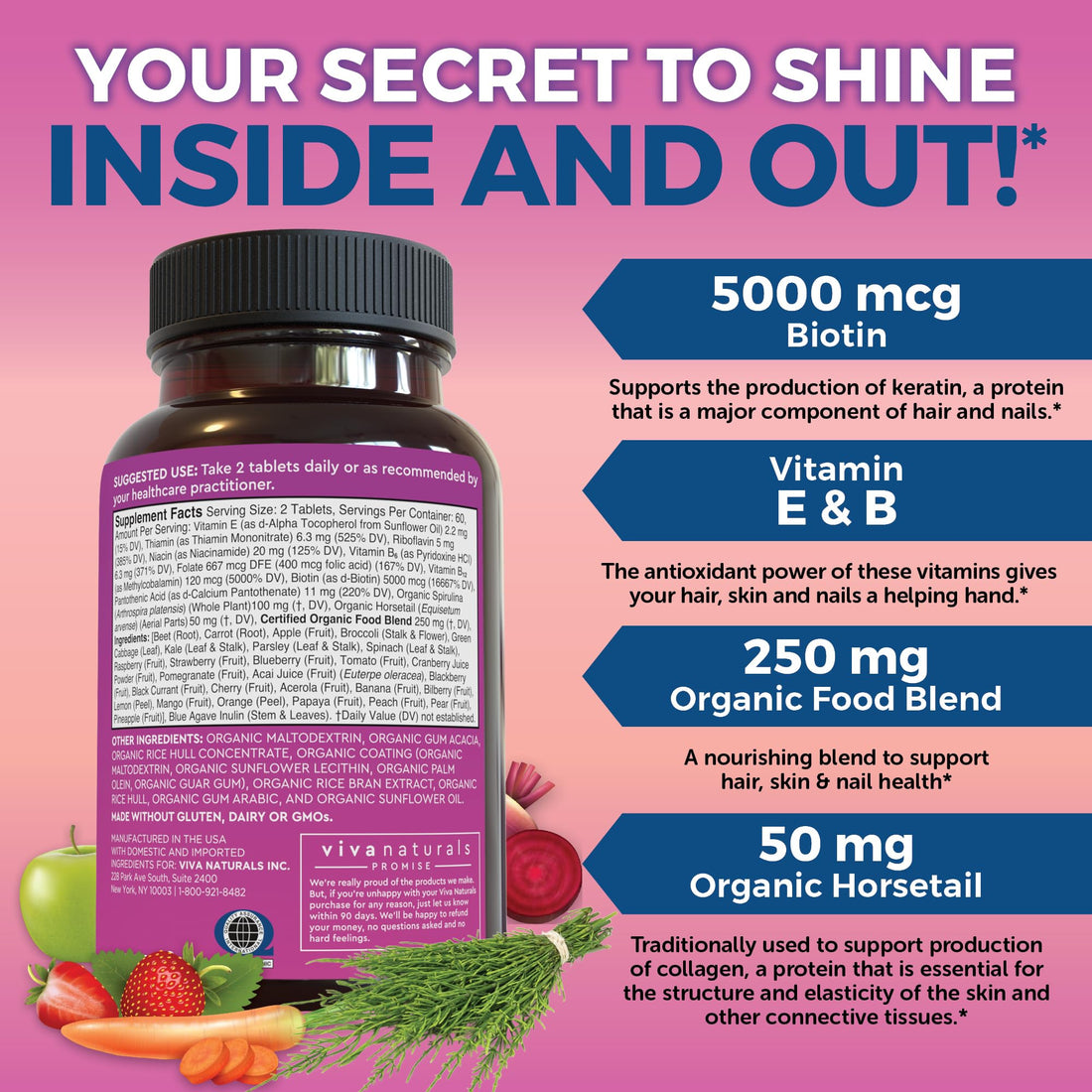 Organic Hair Skin and Nails Vitamins for Women with Biotin 5000mcg and Vitamin E, Vegetarian-Friendly Supplements That Help Produce Keratin -120 Count
