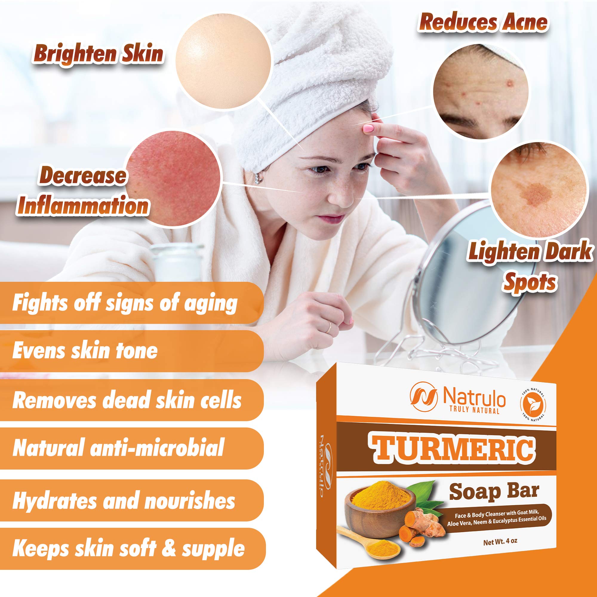 Turmeric Soap Bar for Face & Body – Natural Turmeric Skin Brightening Soap for Dark Spots, Intimate Areas, Underarms – Turmeric Face Wash Reduces Acne, Fades Scars & Cleanses Skin – 4oz, Made in USA