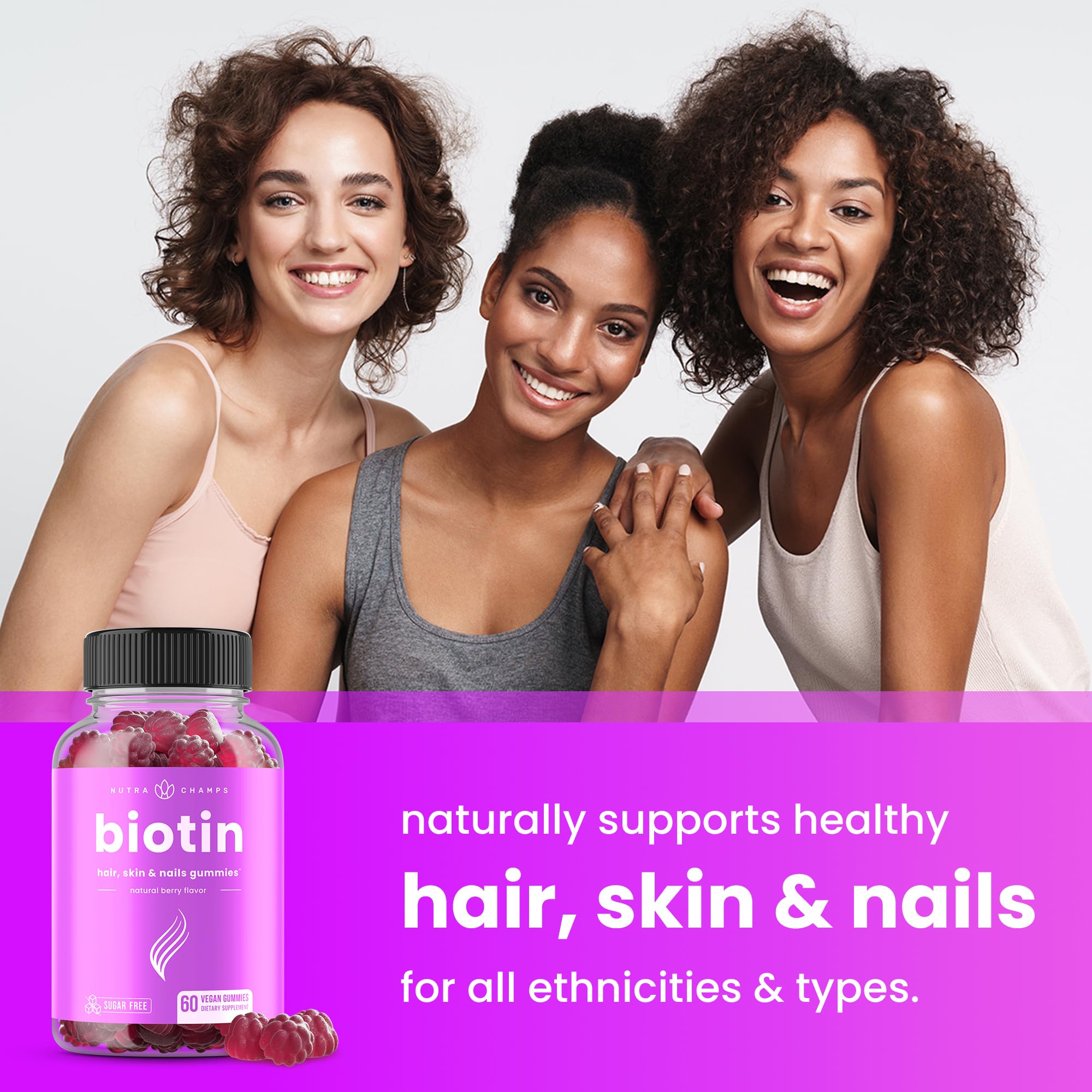 NutraChamps Sugar Free Biotin Gummies 10000mcg [High Potency] - Healthy Hair, Skin & Nails for Women, Men & Kids - 5000mcg in Each Gummy - Vegan, Non-GMO, Hair Health Vitamins Supplement - Raspberry