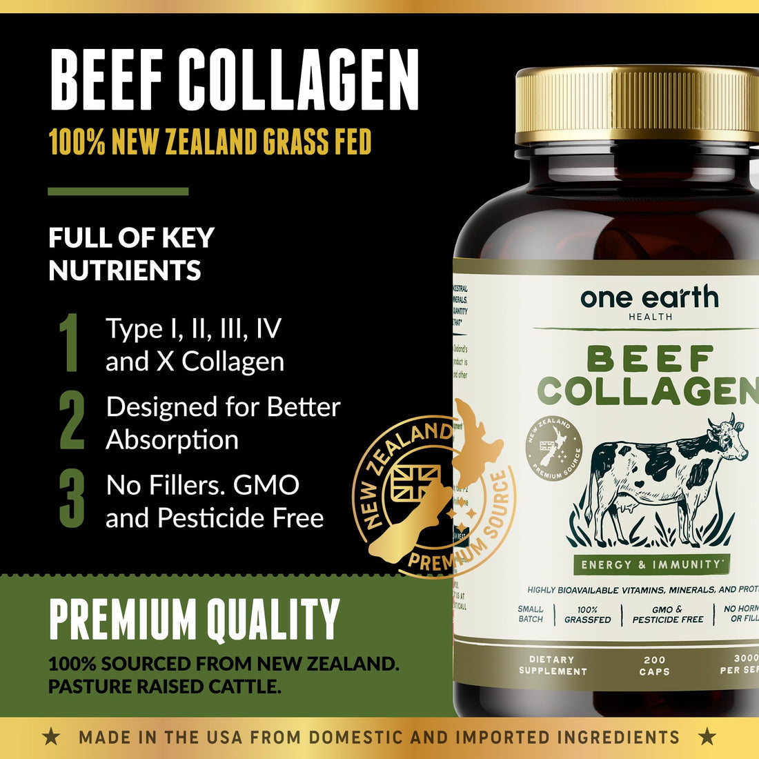 One Earth Health Grass Fed Beef Collagen - New Zealand Sourced Natural Collagen Supplement. (Types I, II, III, V and X) 3,000mg per Serving, 200 Count