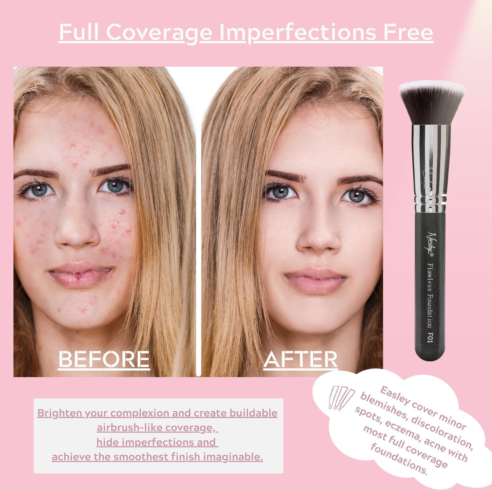 F02 Flat Top, Onyx Black : Nanshy Flat Fop Foundation Kabuki Makeup Brush - Flawless HD Application Blending of Liquid or Cream - Onyx Black