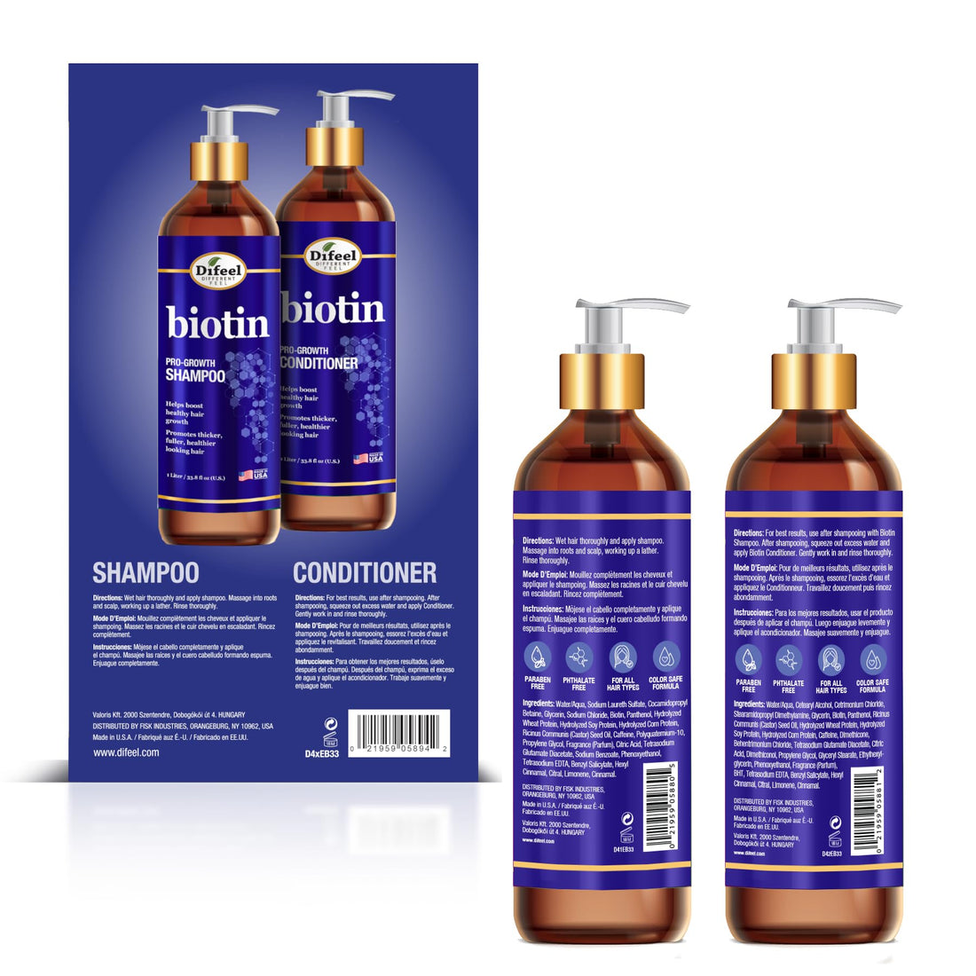 Difeel Elevated Biotin Shampoo & Conditioner LARGE 33.8oz 2-PC Gift Set - Shampoo and Conditioner for Thinning Hair and Hair Loss, Sulfate Free Shampoo & Conditioner