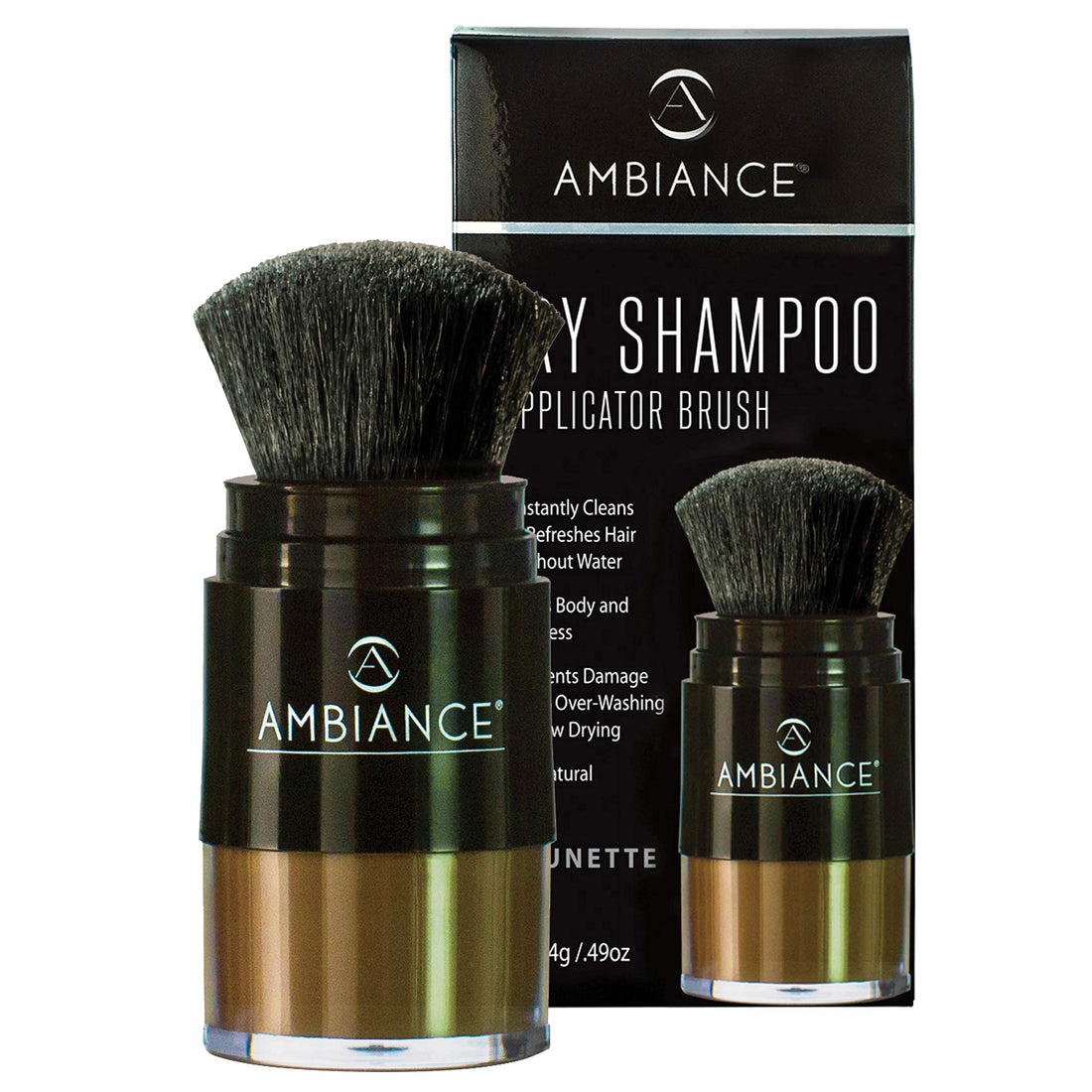 Ambiance Natural Dry Shampoo Powder & Brush for Dark Hair - Non Aerosol Travel Size Brunette Tinted Shampoo - Non Toxic, Benzene Free - Volumizing, Refreshes Oily Hair & Covers Roots Between Colorings