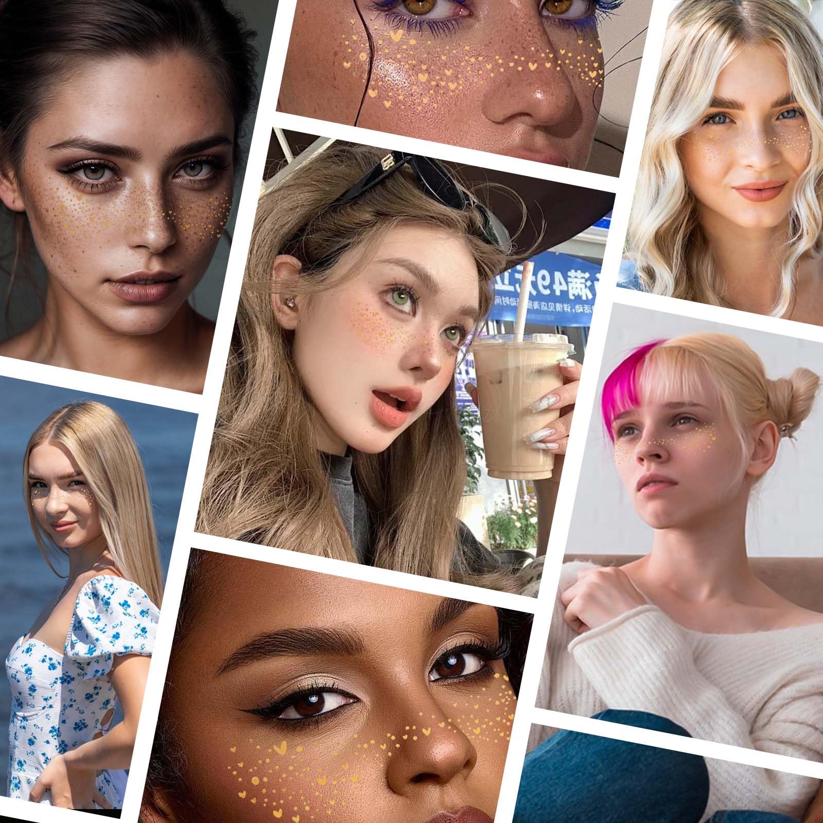 Makeup Patches - Gold Glitter Freckles Face Tattoo - Cosmetic Glitter For Face - Faux Freckles Waterproof - Temporary Tattoos- Cute Glitter Makeup Accessories for Women - 8 Pcs