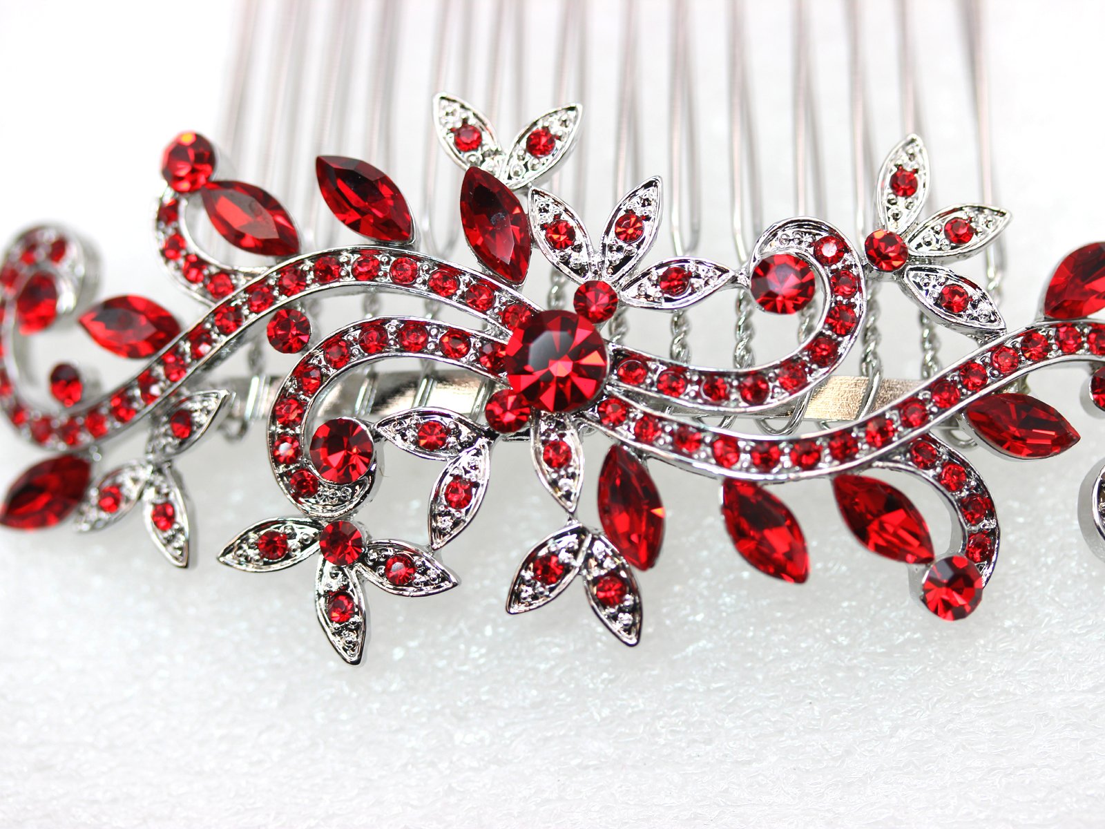 Faship Hair Comb Red Rhinestone Crystal Floral