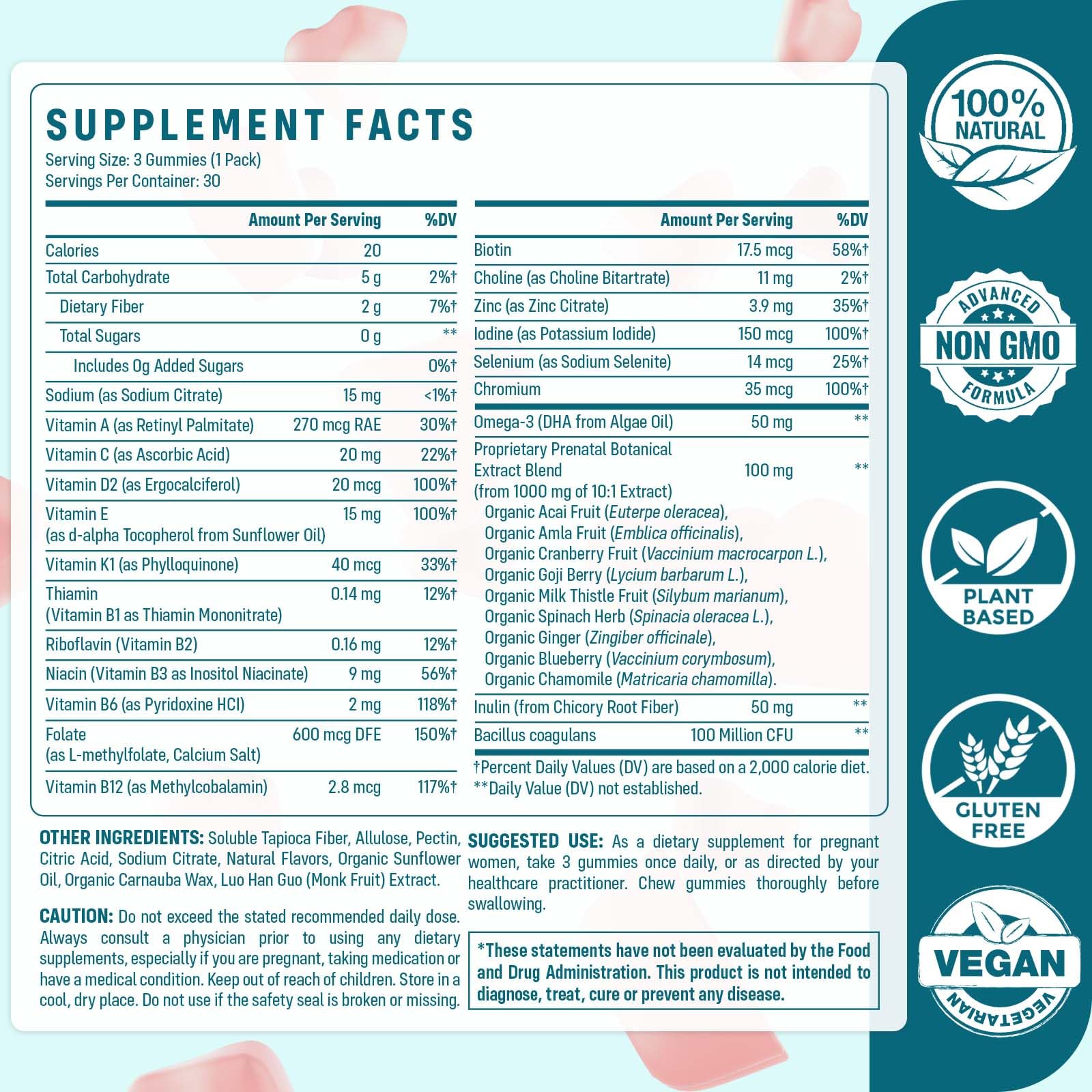 Quorinthiumax Prenatal Gummies Sugar Free 180 Count - Organics Prenatal Vitamins for Women with Folate, DHA & Probiotics - Iron Free Prenatal Vitamin Gummies for Immune & Digestive - 2 Bottles