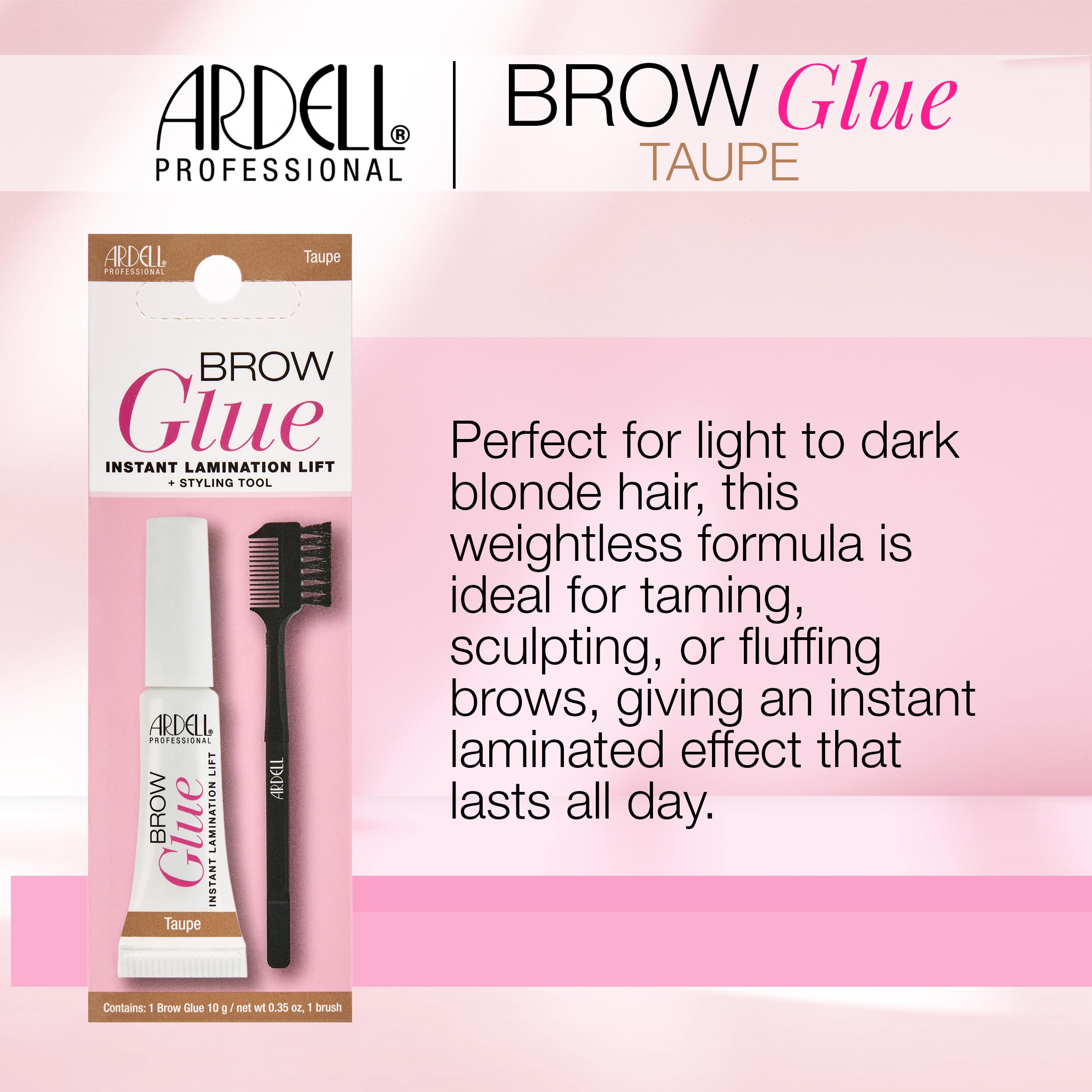 Ardell Brow Glue Taupe with Dual Sided Styling Brush - Instant Lamination & Lift, All day Extreme Hold Eyebrow Gel for Defined, Fluffy, and Long-Lasting Brows, 0.35 oz