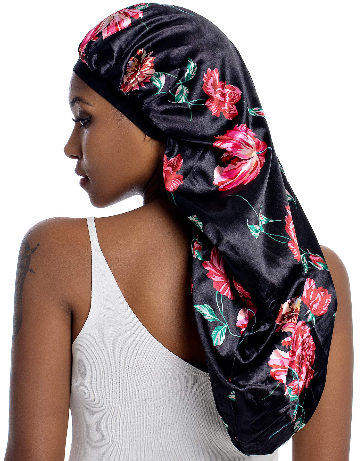 Extra Large Satin Bonnet for Curly Hair Silk Bonnet for Sleeping Cap Natural Frizzy Hair (Long, Long-A-Black-Rose Flower)