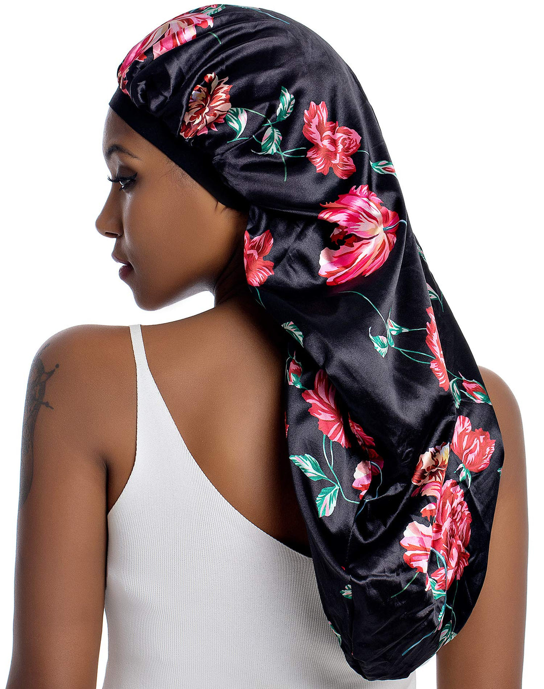 Extra Large Satin Bonnet for Curly Hair Silk Bonnet for Sleeping Cap Natural Frizzy Hair (Long, Long-A-Black-Rose Flower)