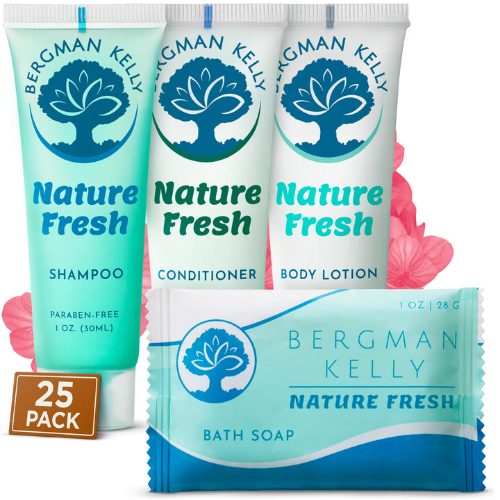 Bergman Kelly Hotel Toiletries Bundle (Nature Fresh, 1 oz each, 100 Pieces) 4-Piece Set: 25 Rectangular Bar Soap, 25 Shampoo, 25 Conditioner & 25 Body Lotion - Bulk Mini Guest Amenities