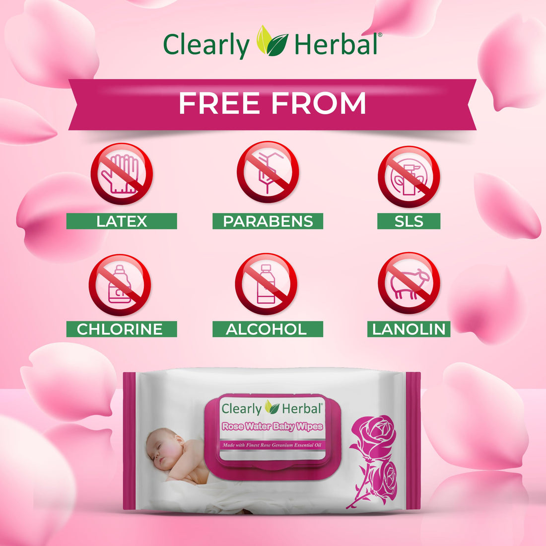 Clearly Herbal Rose Water Gentle Baby Wipes (72 Count X 4 Packs = 288 Wipes)