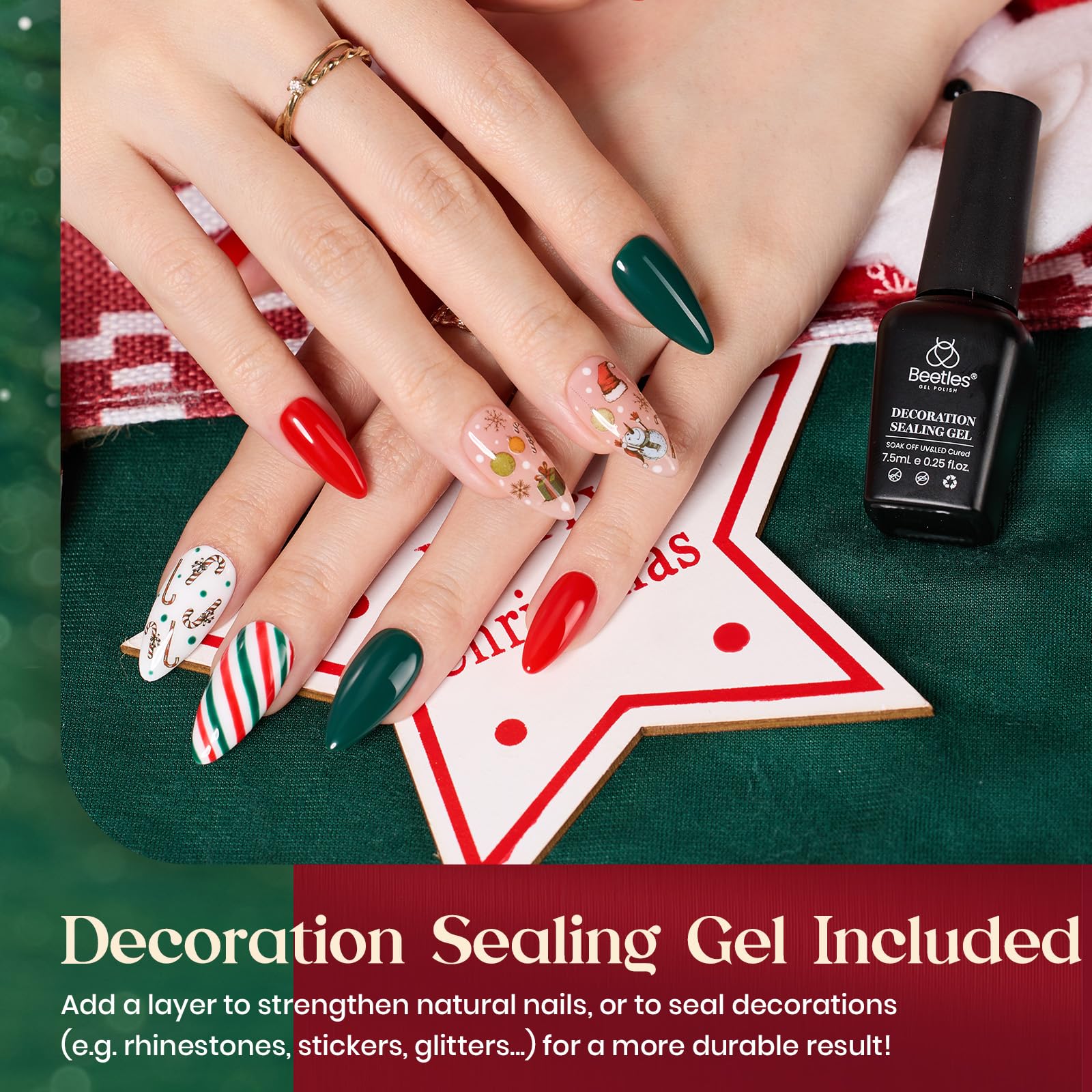Gel Nail Polish Set - Christmas Holiday Series Glitter Burgandy Red Green Gel Polish Kit Soak Off UV LED Gel Nail Kit Manicure Gift with Nail Strengthener Gel and Christmas Stickers