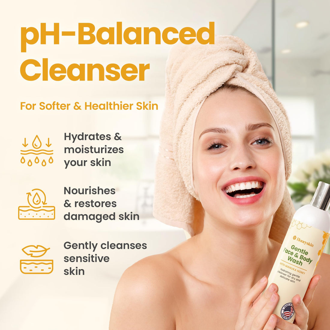 Honeyskin Face and Body Wash for Women and Men - Acne Body Wash Moisturizing for Sensitive Skin - Hydrating Facial Cleanser - Gentle Exfoliation – Sulfate-Free (8oz)