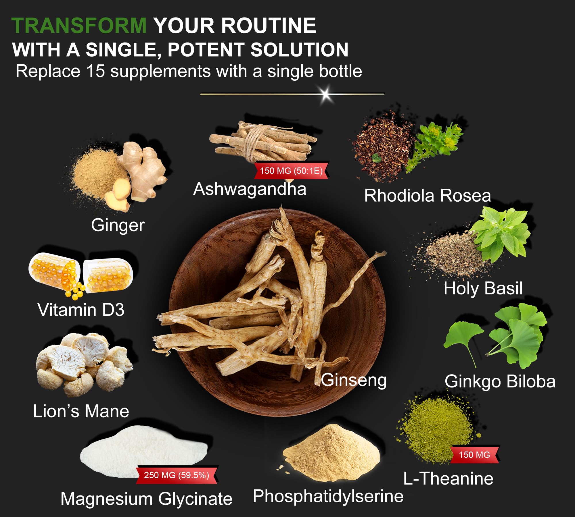 DLNIA Super Calm Cortisol Supplement with Magnesium Glycinate, Ashwagandha, L-Theanine, Phosphatidylserine, Ginkgo Biloba & Lions Mane for Calm, Focus, Mental Clarity, Relaxation, Sleep, Energy