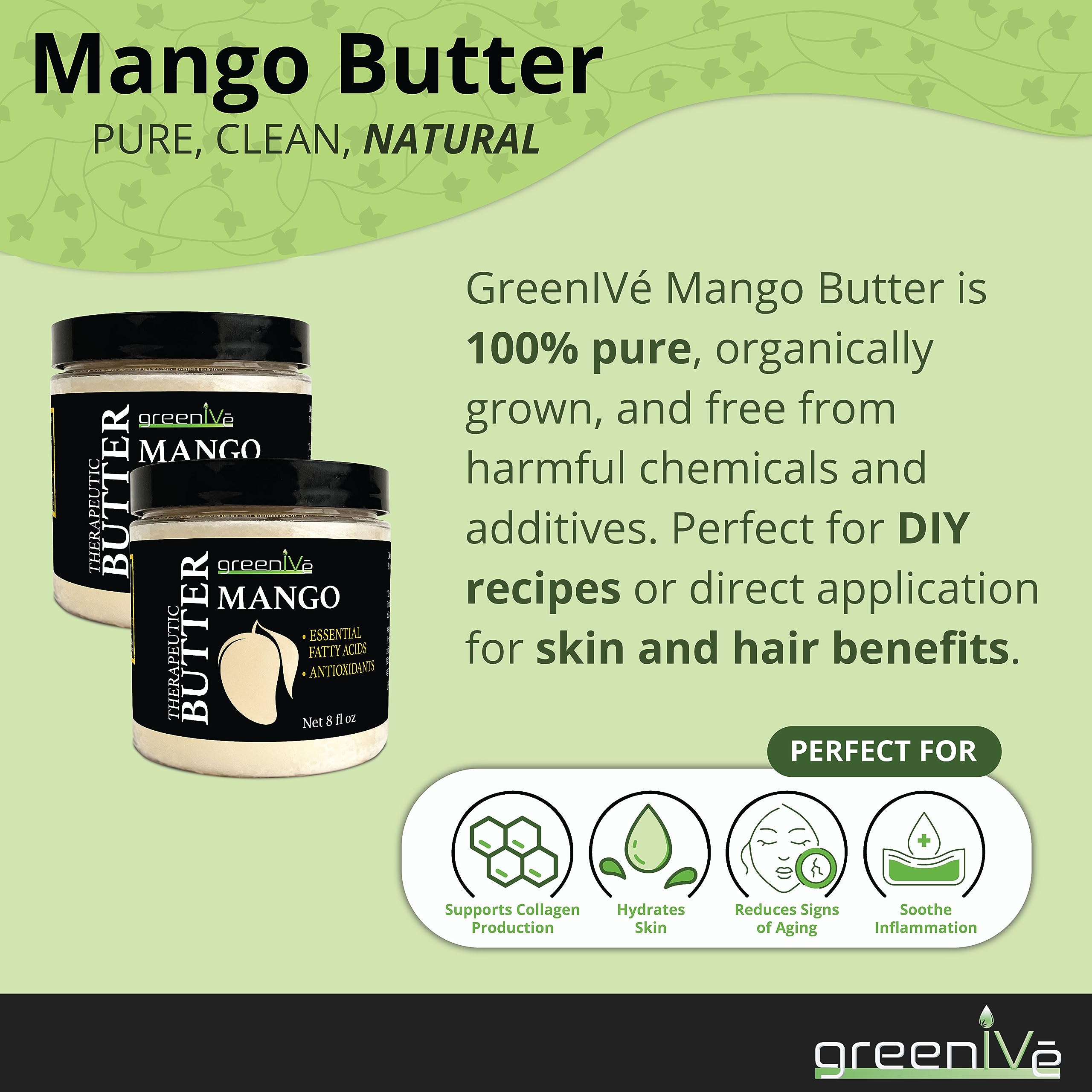 GreenIVe - 100% Pure Mango Butter- All Natural - Fresh Sourced - Exclusively on Amazon (8 Ounce Jar)