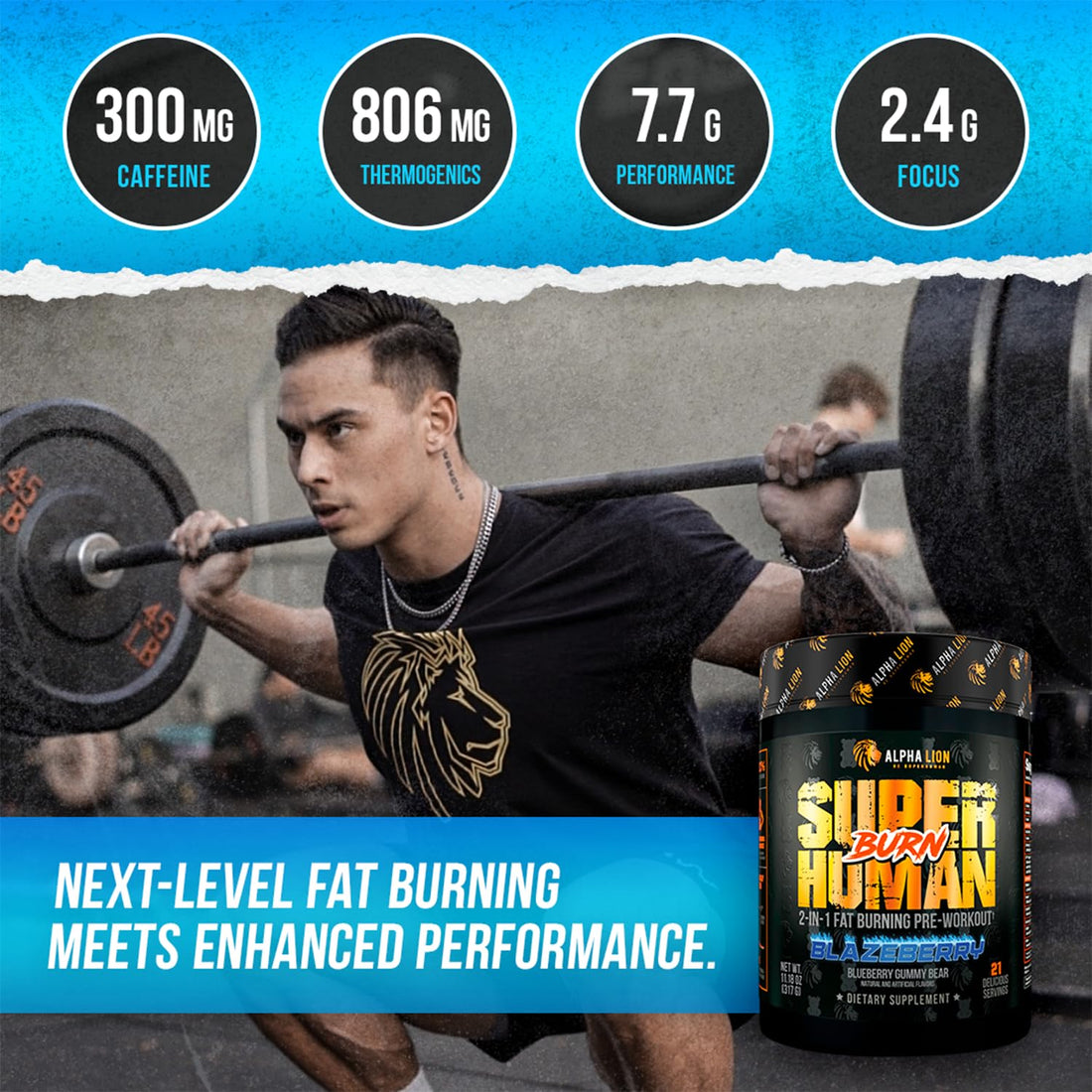 ALPHA LION Superhuman Burn 2-in-1 Metabolism Booster Pre Workout, Weight Loss Supplement, Appetite Suppressant, Fat Loss Support, Energy & Focus Powder (21 Servings, Blue Gummy Bear Flavor)