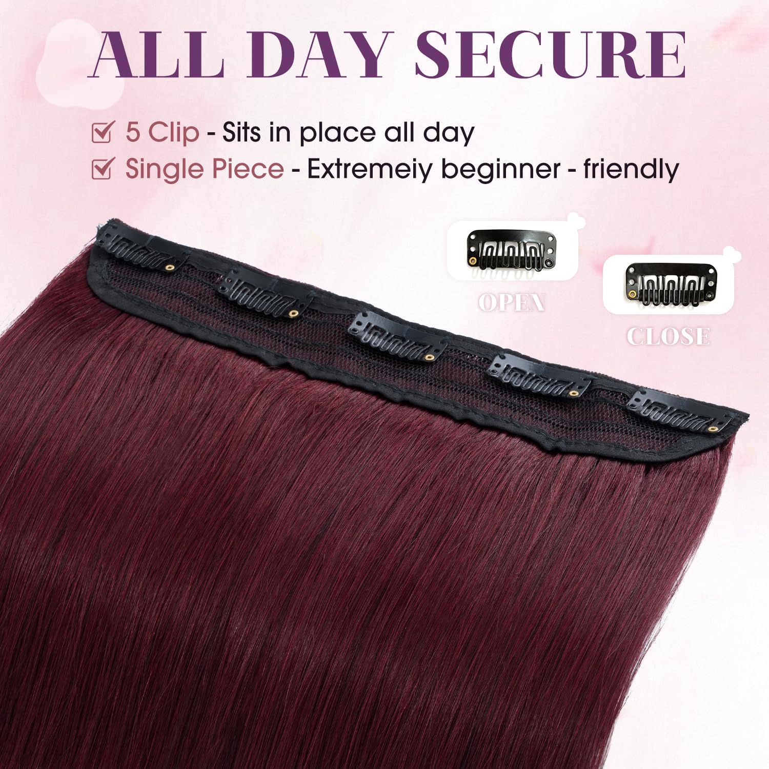 S-noilite 22inch Burgundy Clip in Human Hair Extensions One Piece 5 Clips 3/4 Full Head Soft Silky Clip on Remy Hair For Women Gift 55g #99J Wine Red