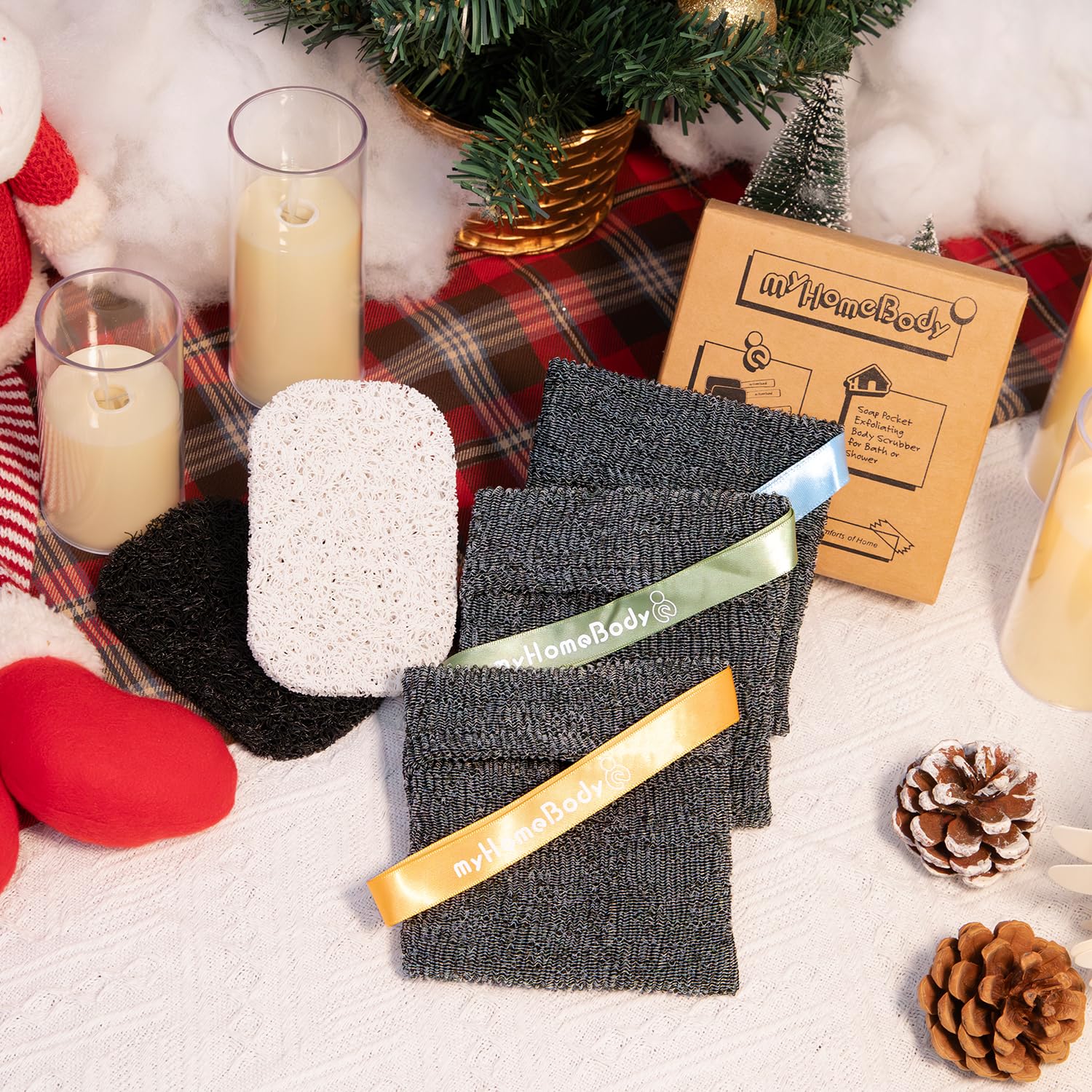 myHomeBody Soap Pocket Squares Exfoliating Pouch, Body Scrubber, Exfoliator Sponge for Bath or Shower, or Leftover Bits Saver, Graphite Gray, 3 Pack + 2 Lift Pads