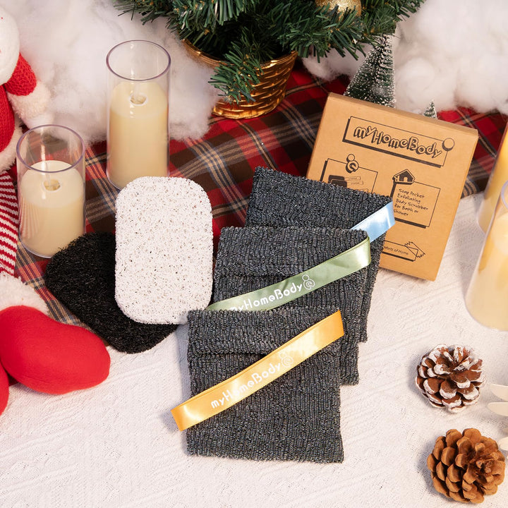 myHomeBody Soap Pocket Squares Exfoliating Pouch, Body Scrubber, Exfoliator Sponge for Bath or Shower, or Leftover Bits Saver, Graphite Gray, 3 Pack + 2 Lift Pads