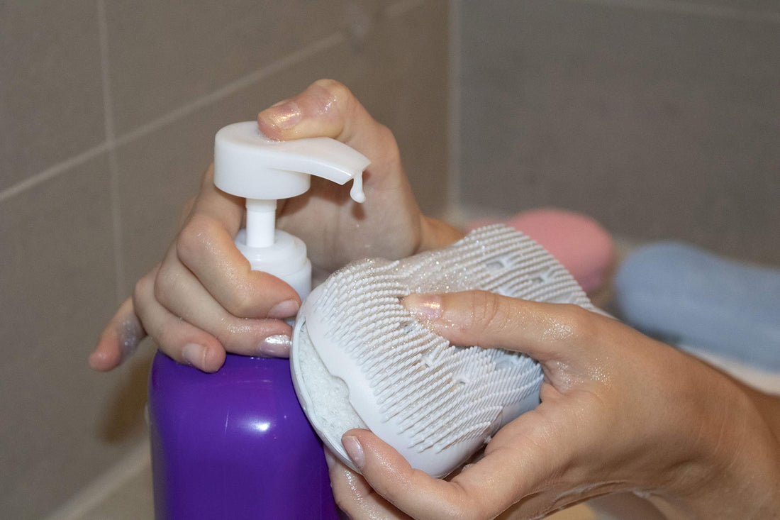 Serenity Select 2 pack Exfoliating Silicone Body Scrubbers for Use in Shower, Silicon Loofah Brush Double Sided Bath Sponge- Cleanses, Stimulates Circulation- Silicone Bath Body Brush- Blue/Gray