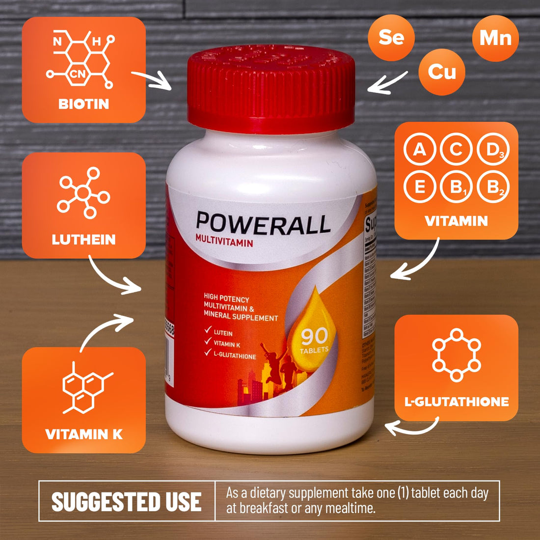 PowerAll Multivitamin & Mineral Supplement – Supports Immune Health, Eye & Circulatory Health for Adults – High Potency Formula with Lutein, L-Glutathione, & Vitamin K – Non-GMO, 90 Count