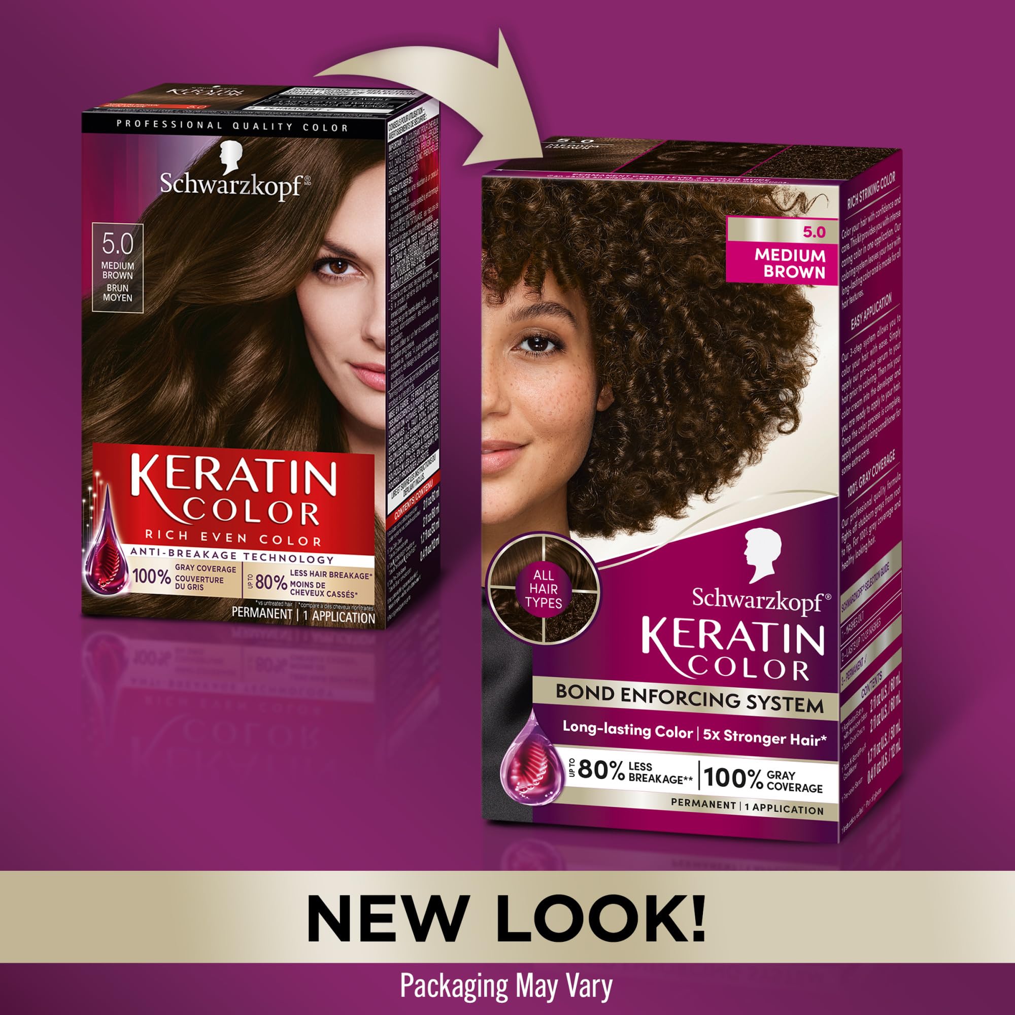 Schwarzkopf Keratin Color Permanent Hair Color, 5.0 Medium Brown, 1 Application - Salon Inspired Permanent Hair Dye, for up to 80% Less Breakage vs Untreated Hair and up to 100% Gray Coverage