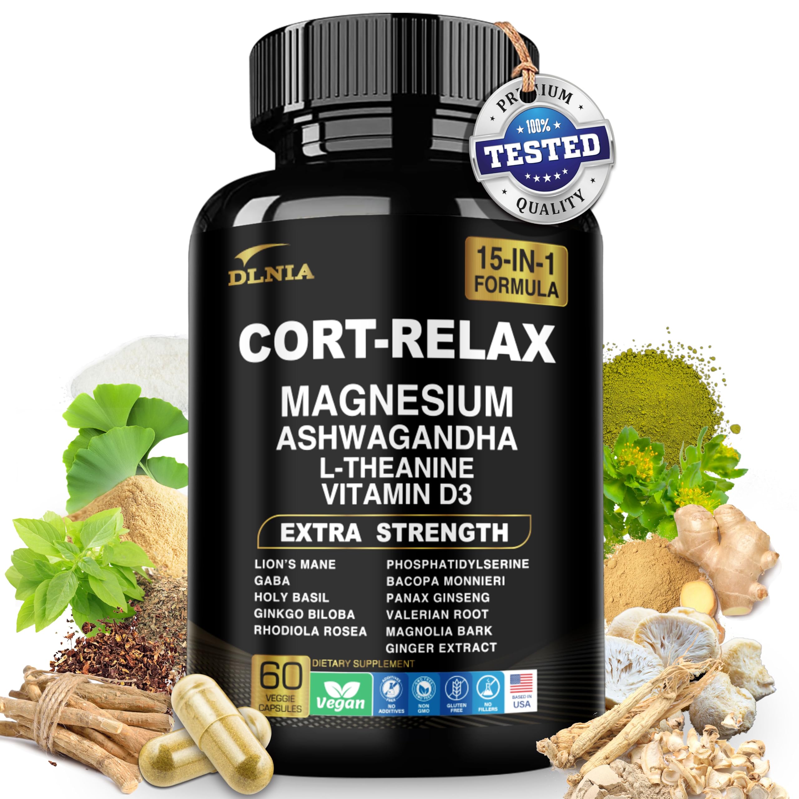 DLNIA Super Calm Cortisol Supplement with Magnesium Glycinate, Ashwagandha, L-Theanine, Phosphatidylserine, Ginkgo Biloba & Lions Mane for Calm, Focus, Mental Clarity, Relaxation, Sleep, Energy