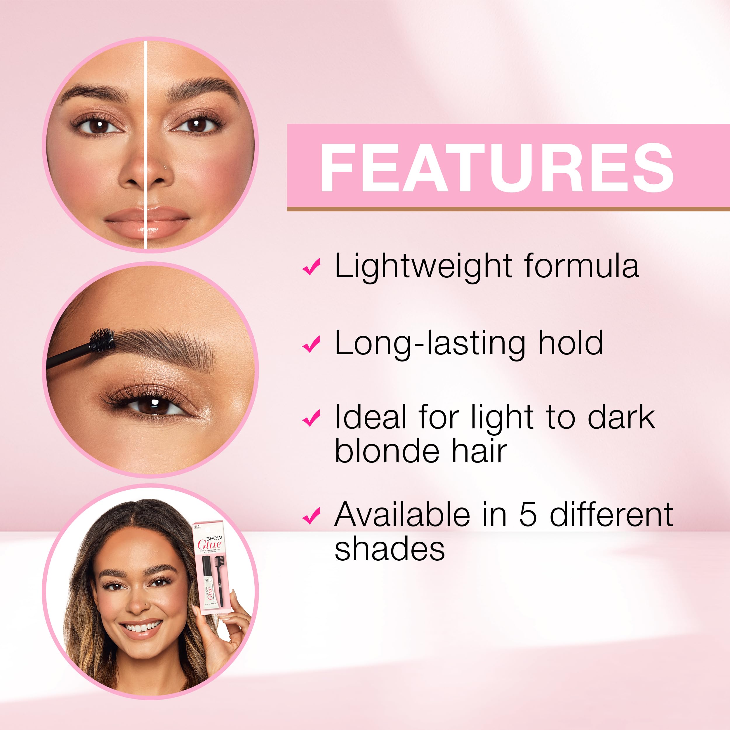 Ardell Brow Glue Taupe with Dual Sided Styling Brush - Instant Lamination & Lift, All day Extreme Hold Eyebrow Gel for Defined, Fluffy, and Long-Lasting Brows, 0.35 oz