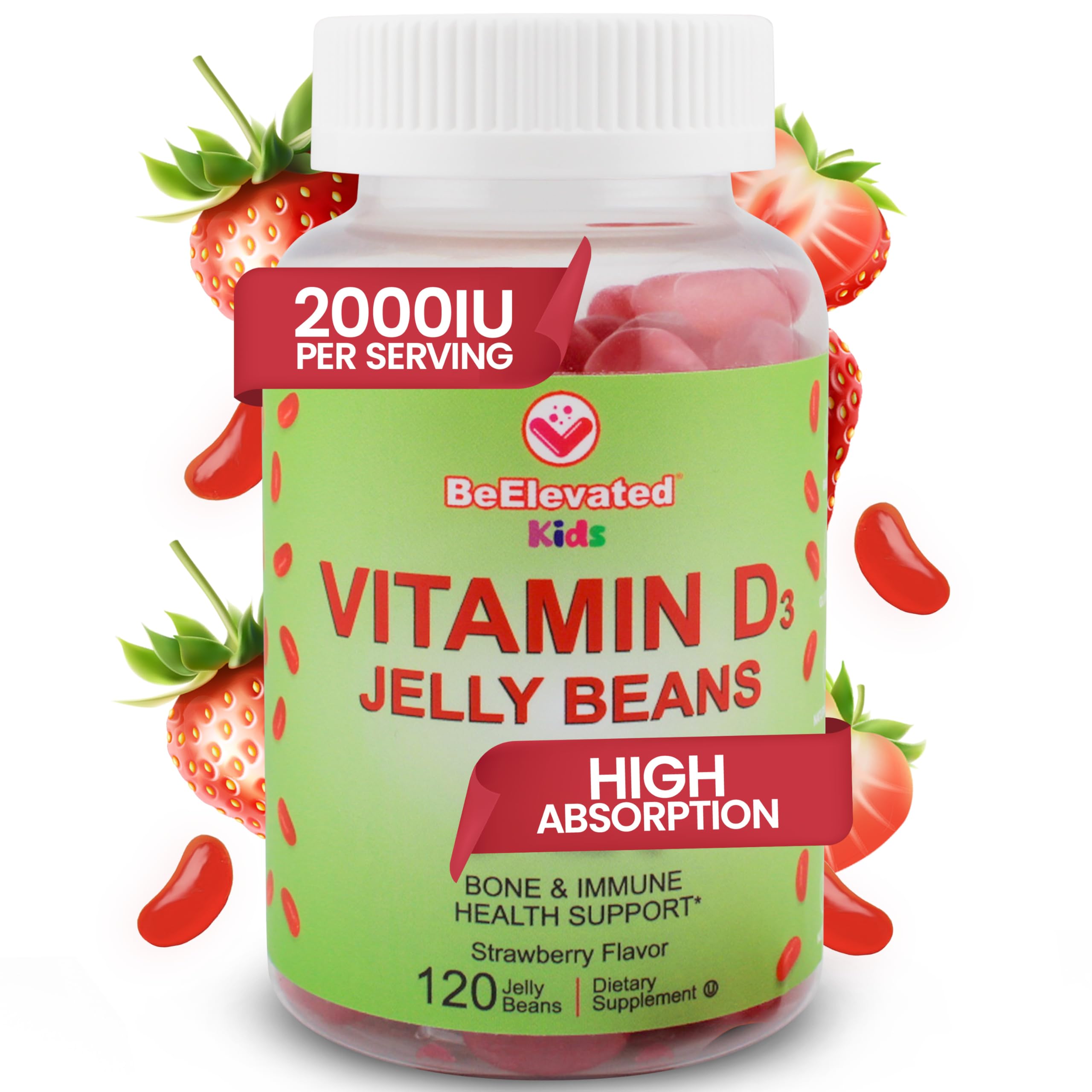 BeElevated Vitamin D3 Jelly Beans - Chewable Vitamins Gummies for Kids Immune Support - Multivitamin Supplements for Bone & Joint Support - 2,000 IU Vegetarian Gummy - 120 Strawberry Flavor Beans
