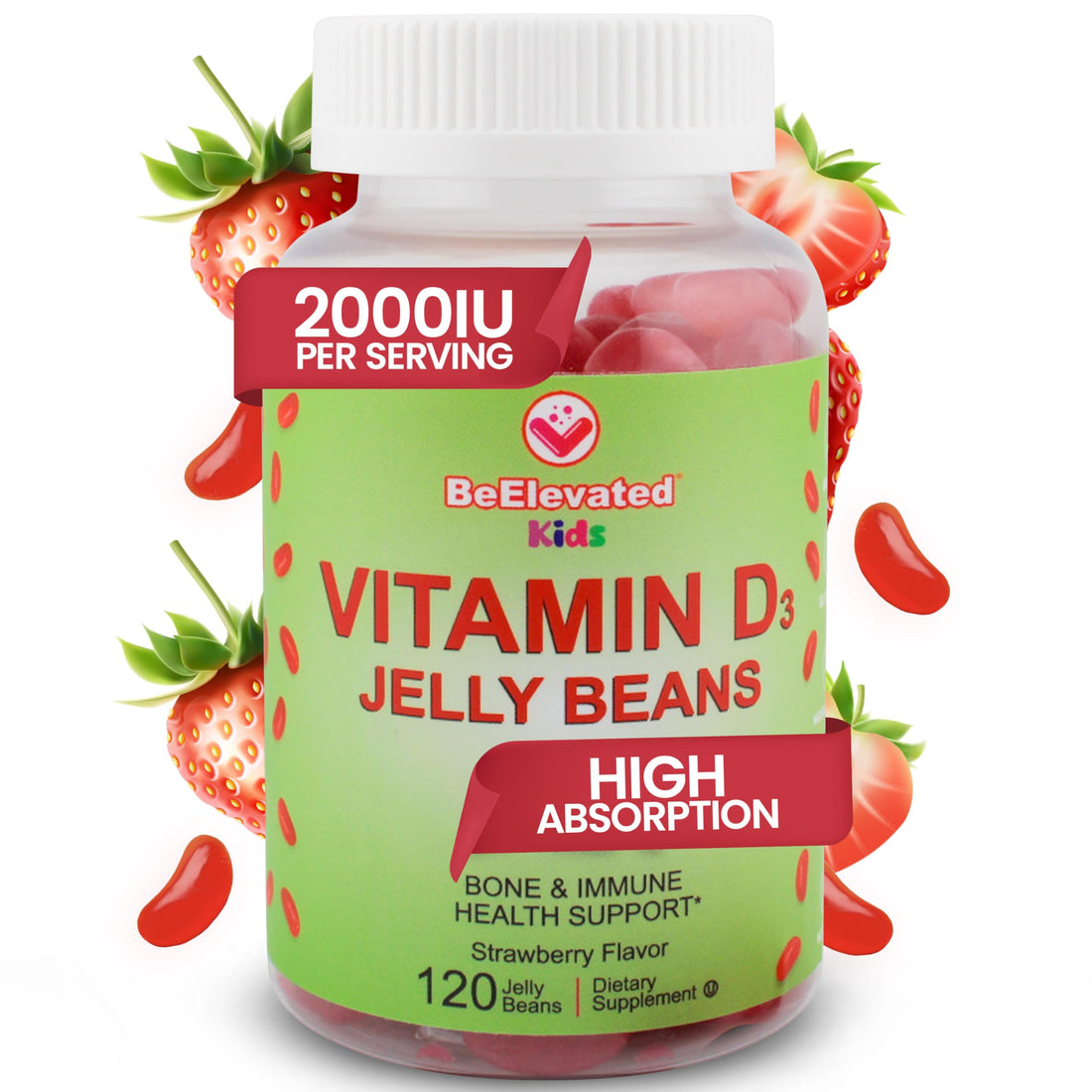 BeElevated Vitamin D3 Jelly Beans - Chewable Vitamins Gummies for Kids Immune Support - Multivitamin Supplements for Bone & Joint Support - 2,000 IU Vegetarian Gummy - 120 Strawberry Flavor Beans